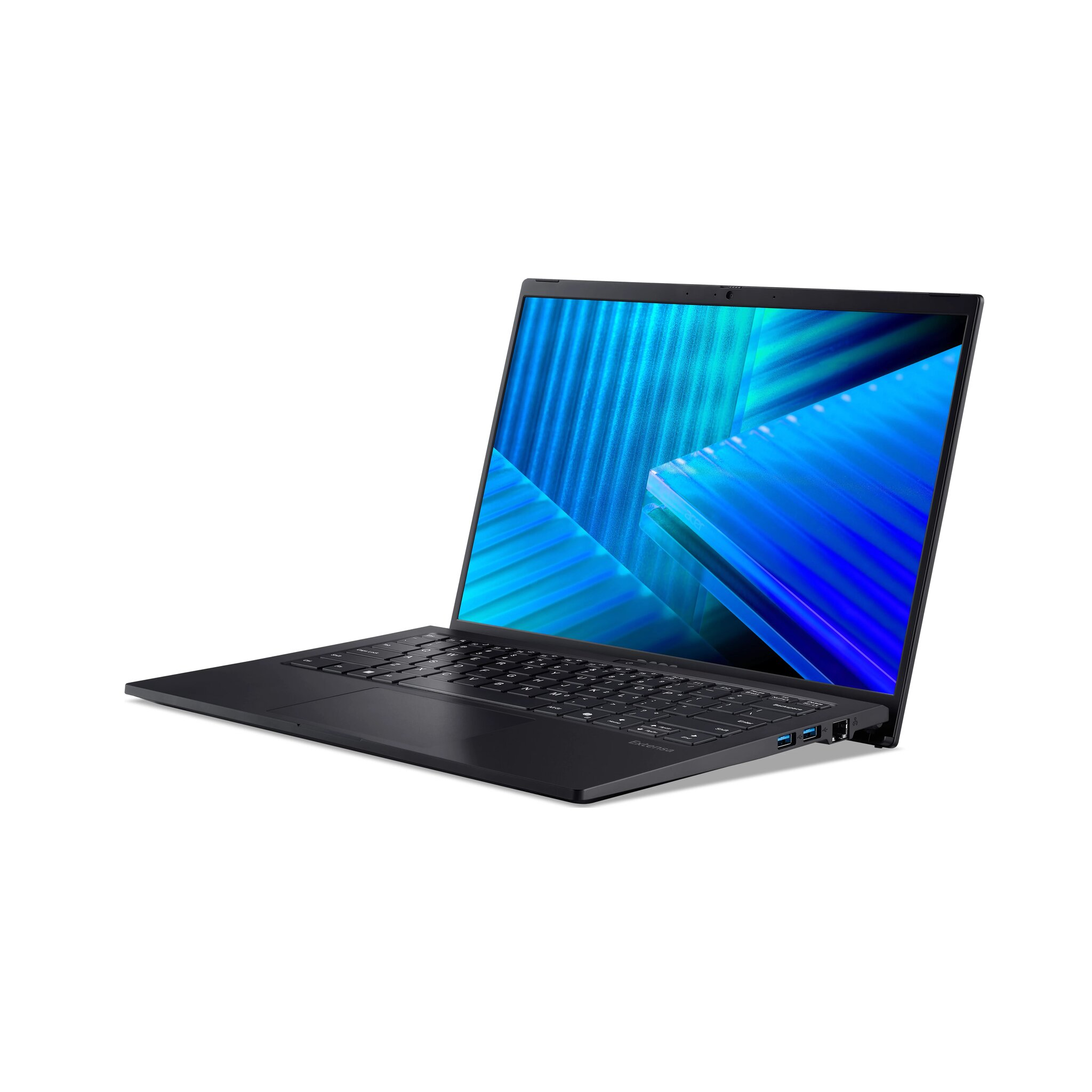 Laptop nero con schermo blu. Tastiera visibile. Il laptop è aperto e angolato su sfondo bianco.