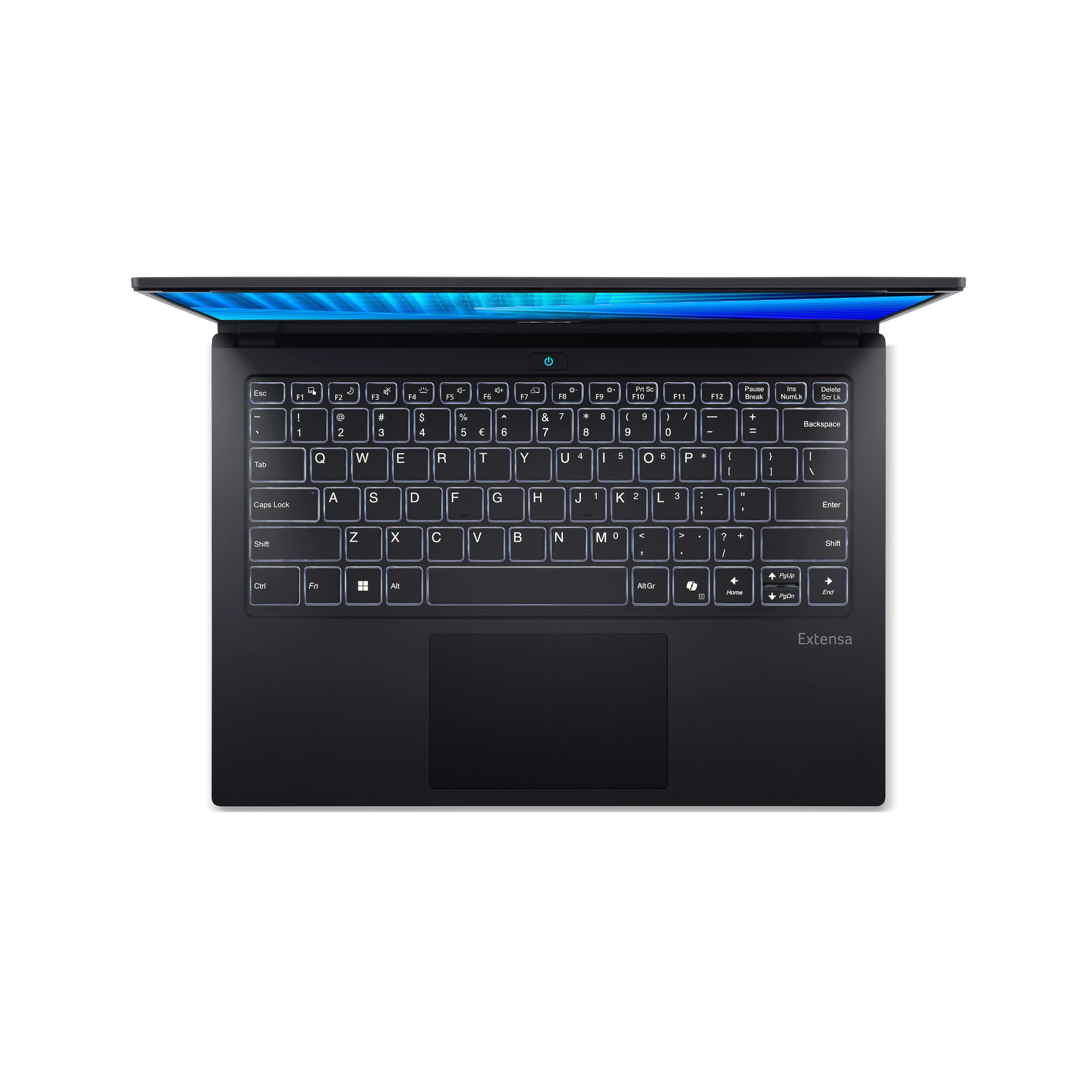 Un laptop nero è aperto, mostra una tastiera illuminata con tasti bianchi. Lo schermo è leggermente aperto, rivelando una tonalità blu.