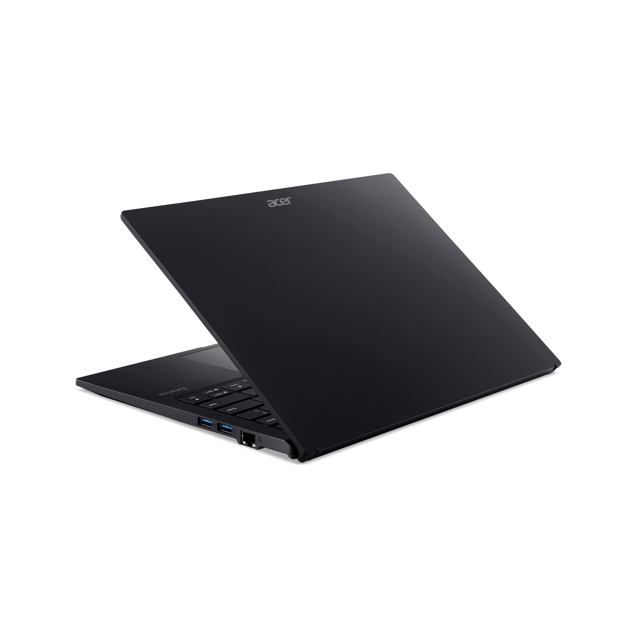 Un laptop Acer nero è aperto su una superficie bianca. Lo schermo è sollevato. Il logo Acer è visibile.