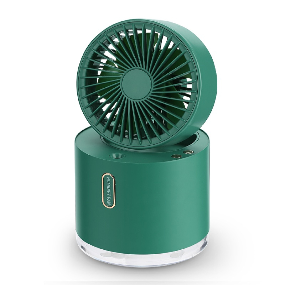 Un ventilador humidificador verde. El ventilador es redondo y tiene aspas. Se asienta sobre una base cilíndrica con fondo transparente.