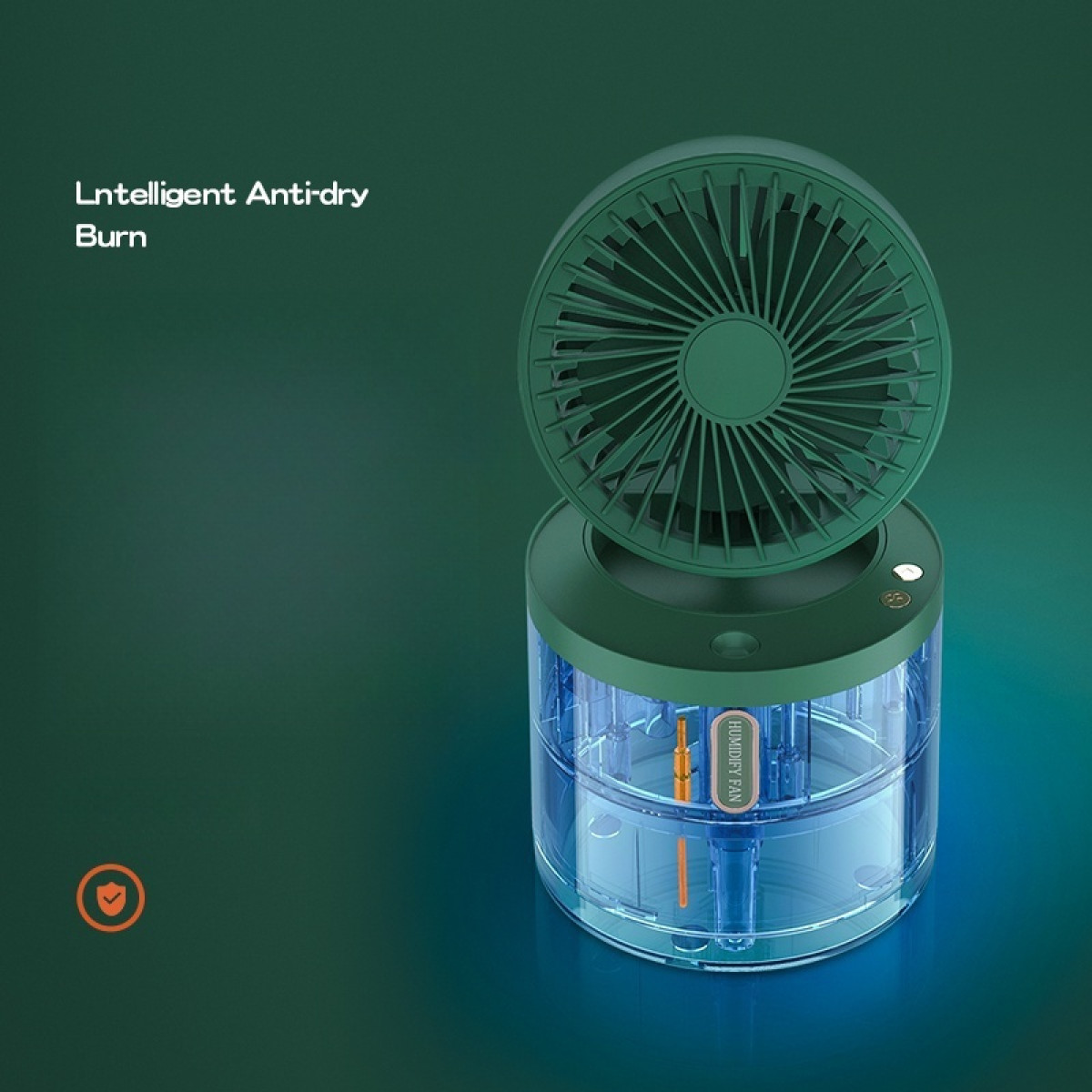 Un humidificador verde con un ventilador encima. La base es transparente y muestra agua dentro. El texto dice 'Humidify Fan'.