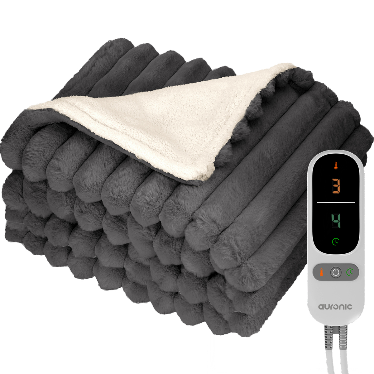 Een grijze, pluche elektrische deken met een crèmekleurige binnenkant. Een bedieningspaneel toont warmte-instellingen. De deken is opgevouwen.