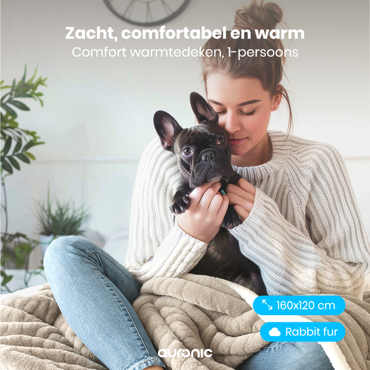 A woman holds a black dog, wrapped in a blanket. Text indicates a warm blanket made of rabbit fur. The blanket is 160x120 cm.