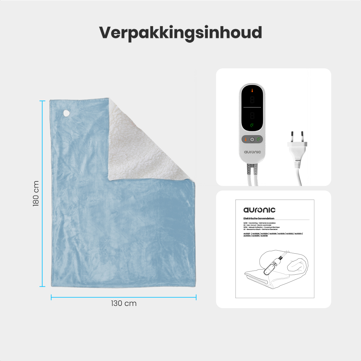 A blue electric blanket, control panel, plug, and manual are displayed. The blanket is 180x130 cm.