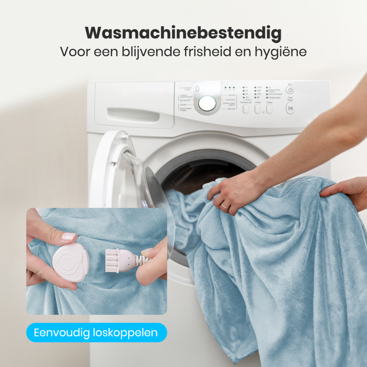 A person placing a blue blanket into a washing machine. A smaller image shows the blanket's connector, being disconnected.