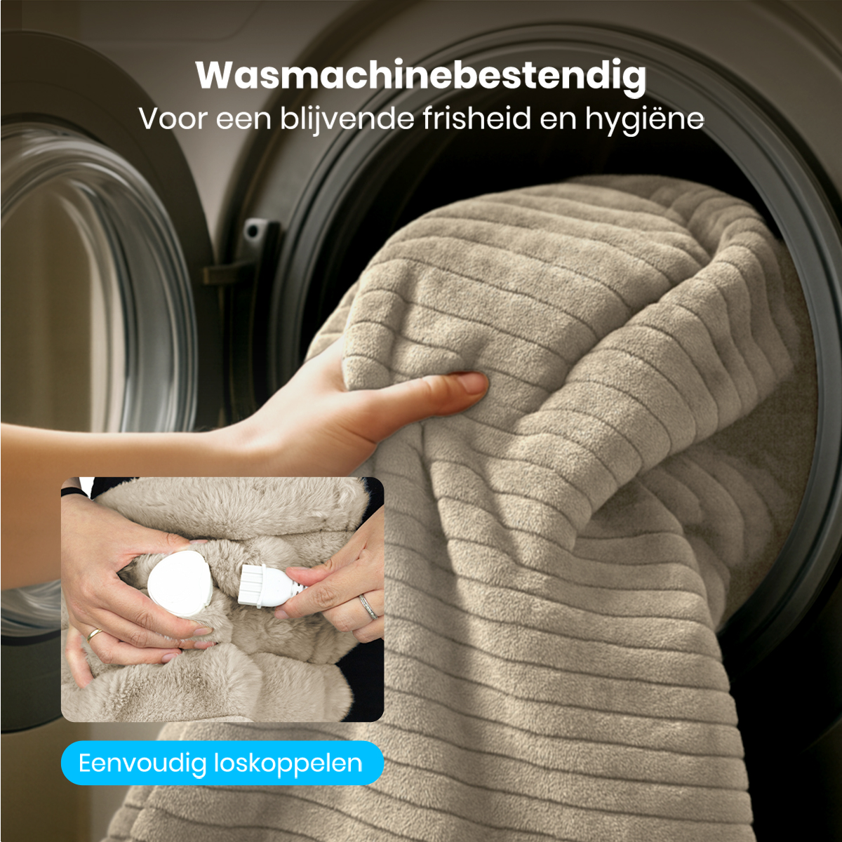 A hand puts a beige blanket into a washing machine. A smaller image shows the blanket's plug being detached.