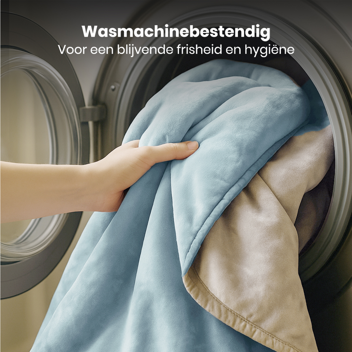 A hand pulls a light blue blanket from a washing machine. The blanket is next to a beige blanket, with text above.