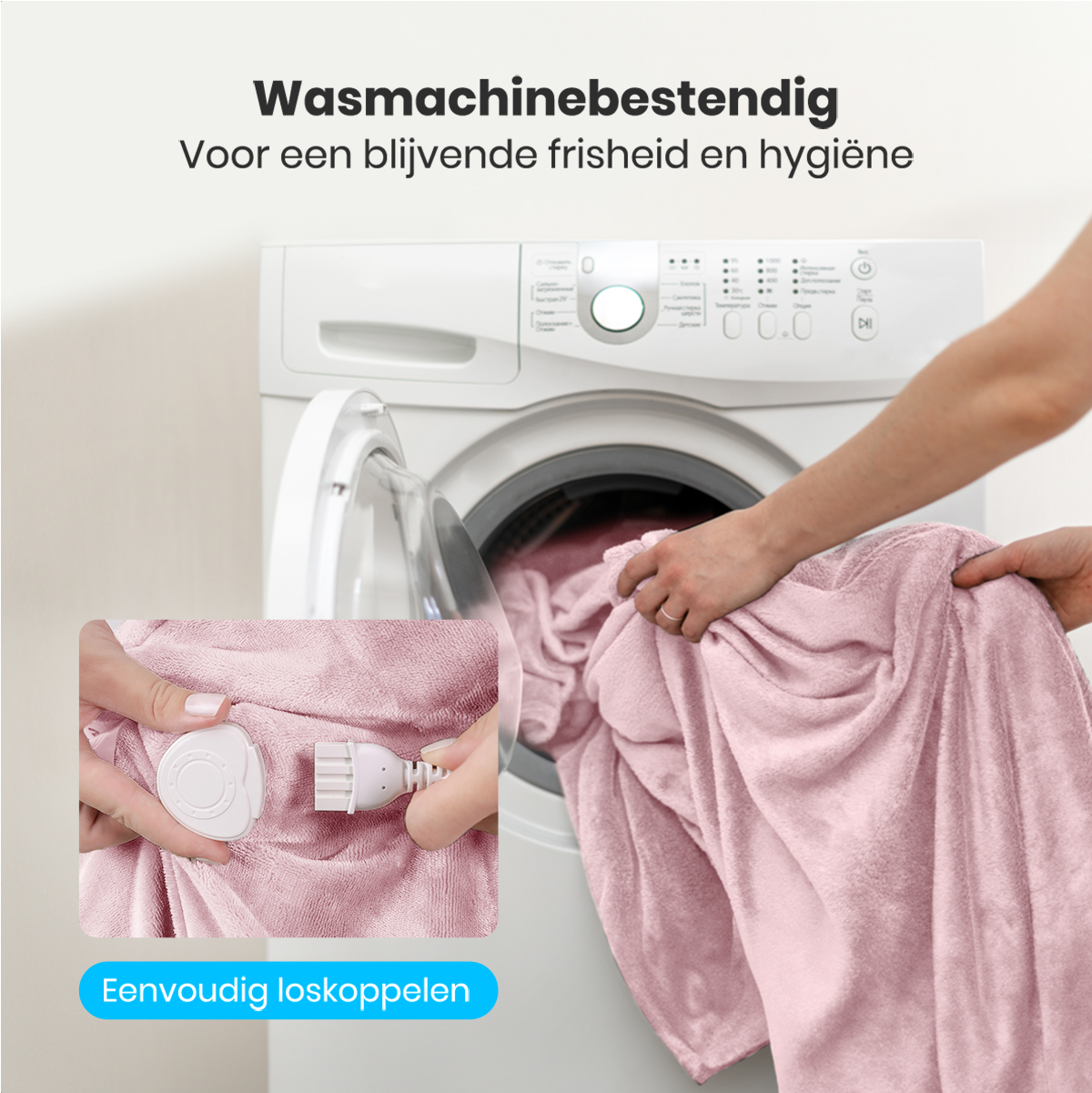 A person puts a pink towel into a washing machine. A close-up shows a white connector detached from the towel.