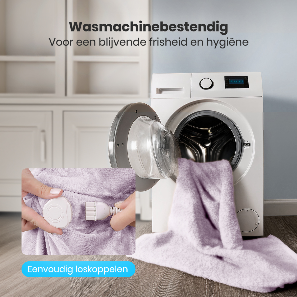 A washing machine with a towel coming out. A person is holding a white connector.