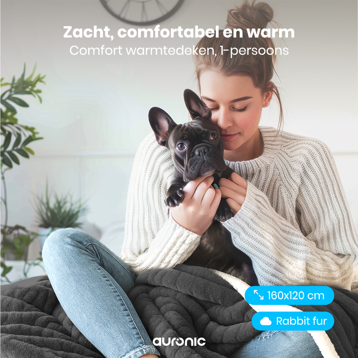 A woman holds a black dog, wrapped in a blanket. Text indicates it's a heated blanket, size 160x120 cm, made of rabbit fur.