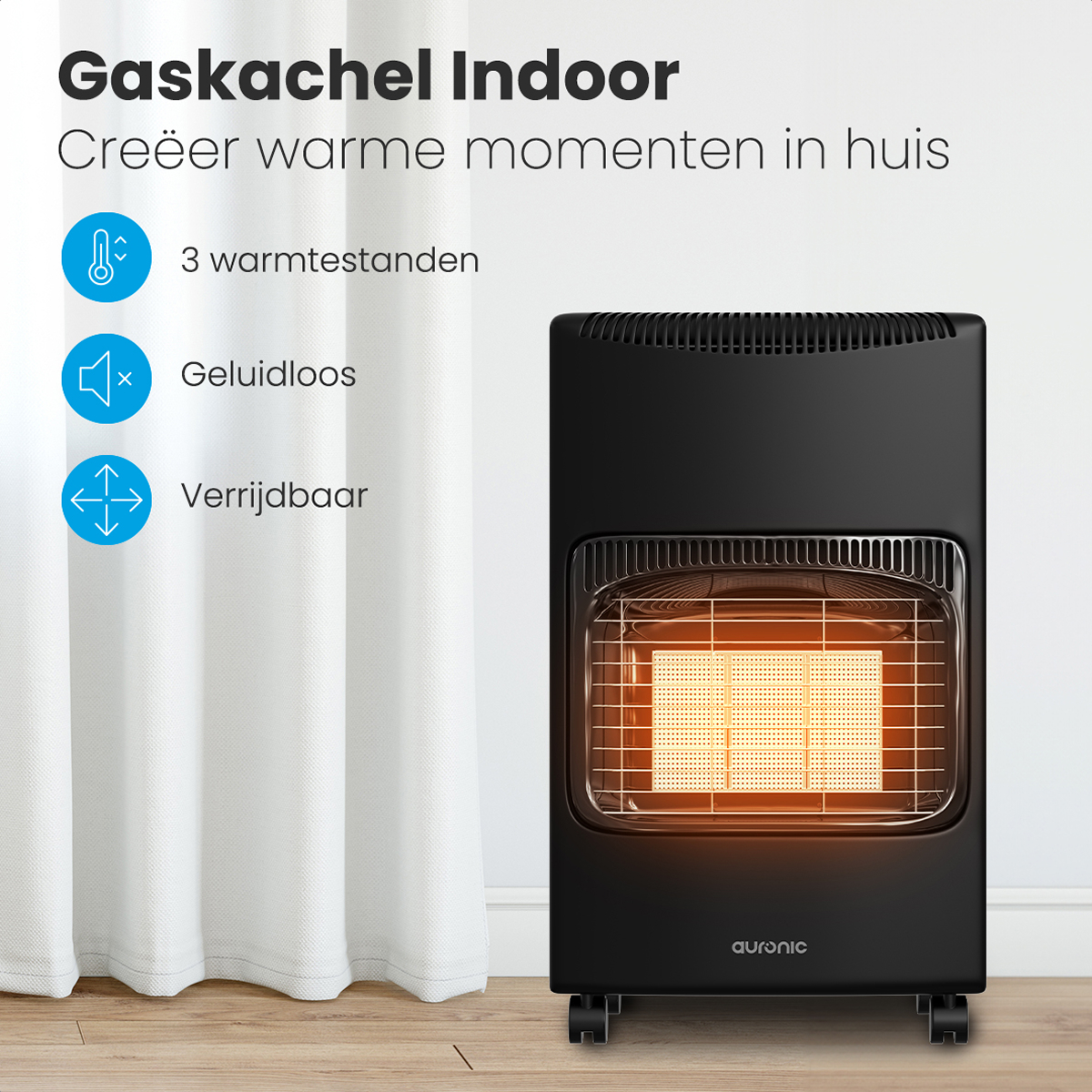 Een zwarte gaskachel op wielen. Een wit gordijn links. De Nederlandse tekst zegt gaskachel voor binnen en kenmerken.