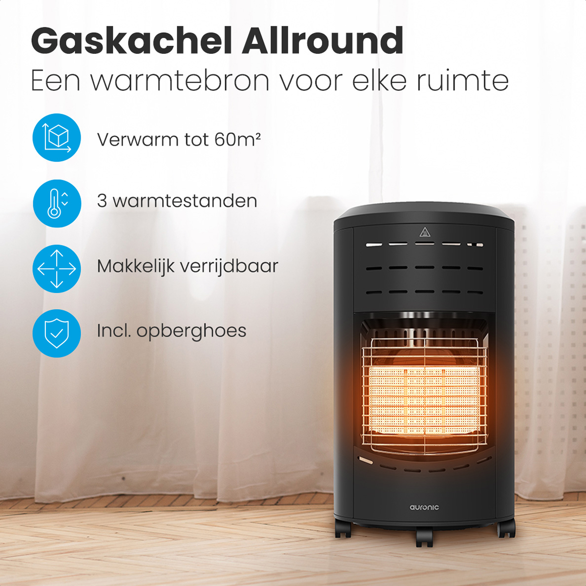 Een zwarte gaskachel met een oranje vlam staat op een houten vloer, met tekst en iconen links en witte gordijnen erachter.