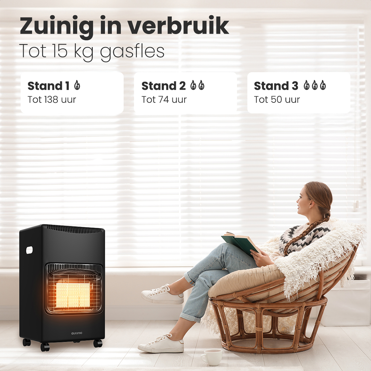 Een vrouw leest bij een raam. Een zwarte kachel staat in de buurt. Tekst geeft brandstofefficiëntie aan. De scène is binnen.