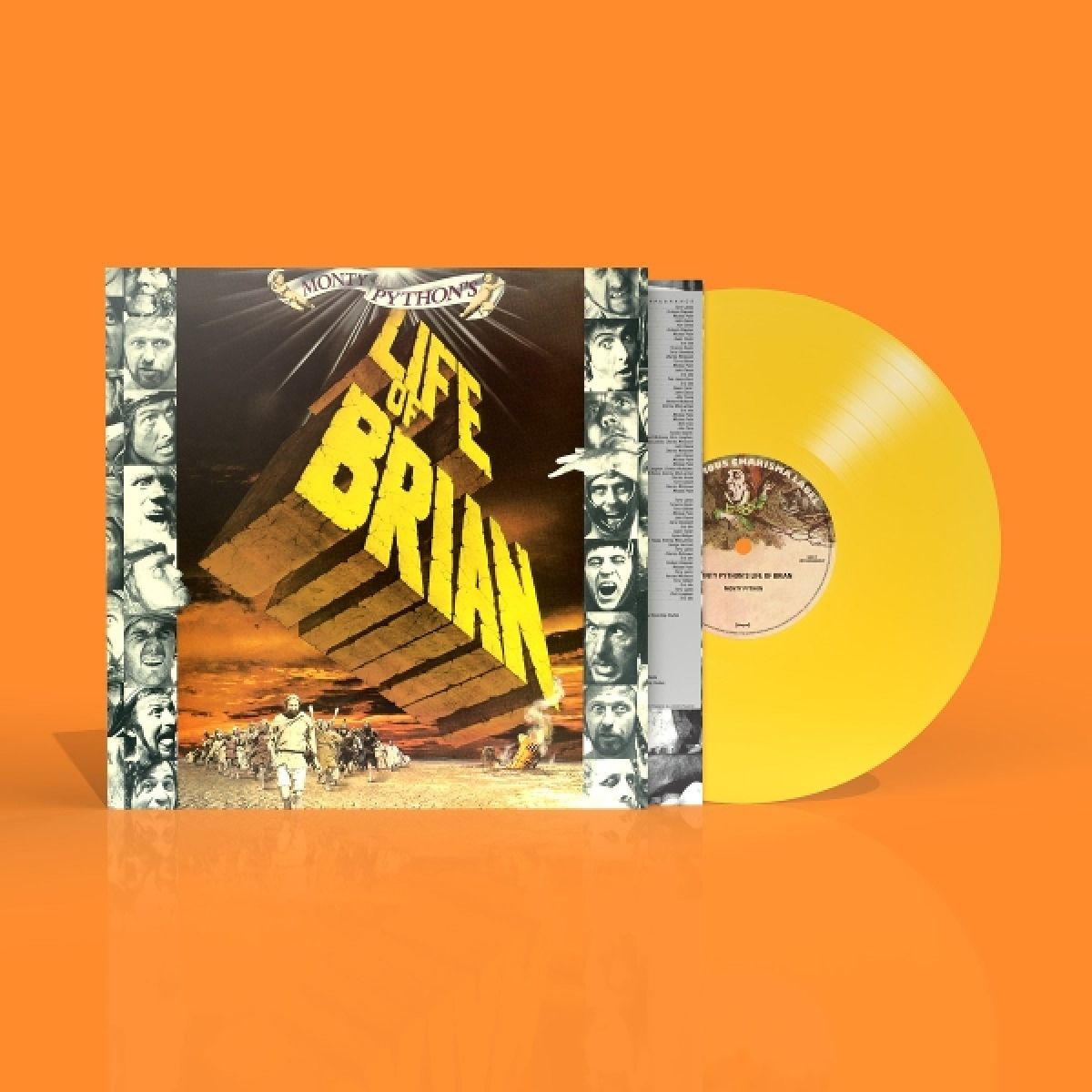 Copertina dell'album La vita di Brian dei Monty Python, disco in vinile giallo. Sfondo arancione, facce intorno e il titolo del film.