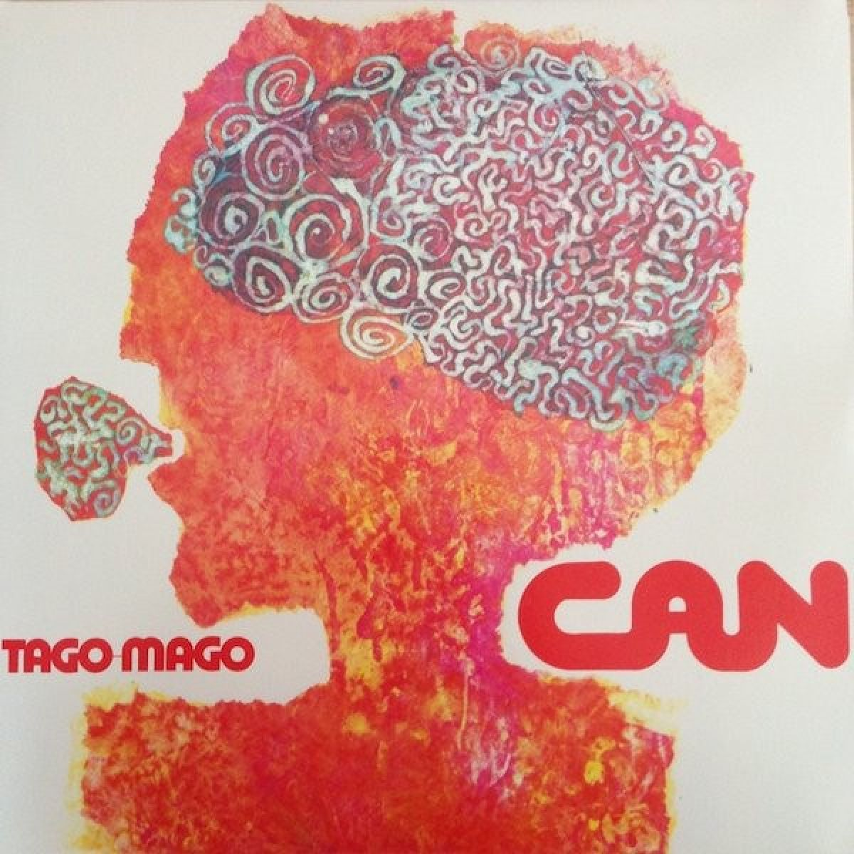 Arte astratta: figura rossa con motivo a cervello, testo 'CAN' e 'Tago Mago'.