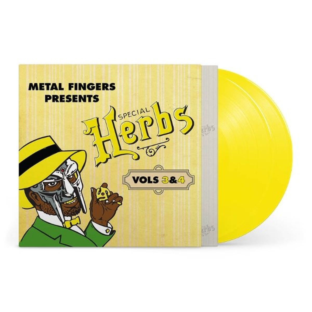 Albumhoes: Gele plaat met een hoesontwerp van een gemaskerde figuur die een gouden voorwerp vasthoudt, met de tekst 'Special Herbs Vols 3&4'.