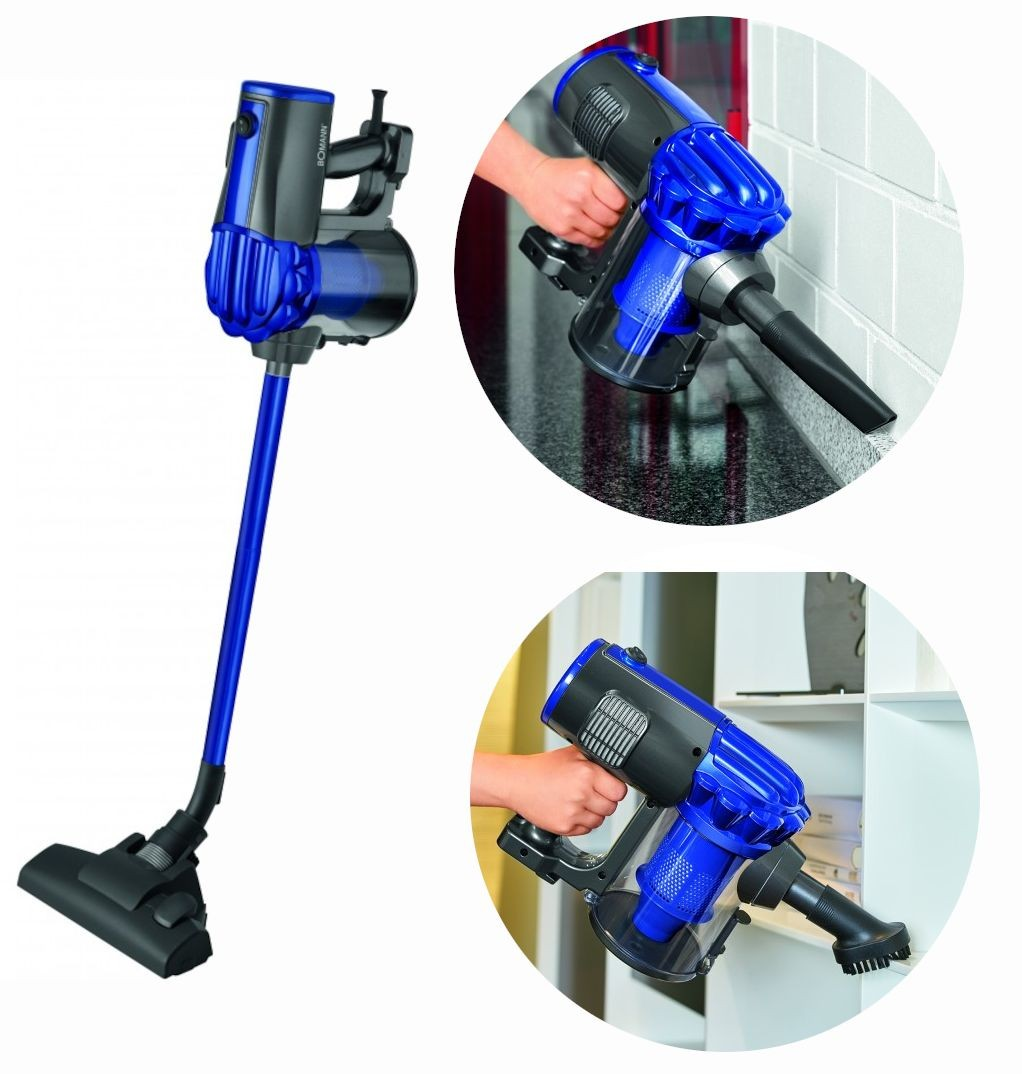 Niebiesko-czarny odkurzacz bezprzewodowy. Jest pokazany w stanie zmontowanym, a także w użyciu z różnymi nasadkami.
