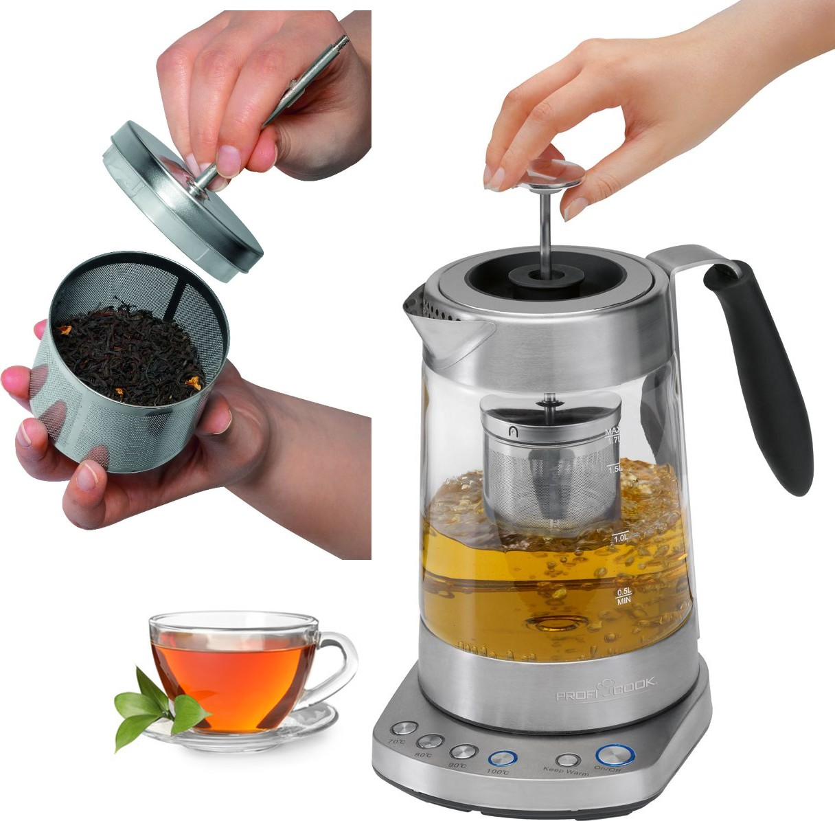 Czajnik do herbaty ze szklanym korpusem, filiżanka herbaty i dłonie przygotowujące herbatę. Czajnik ma filtr z liśćmi herbaty.