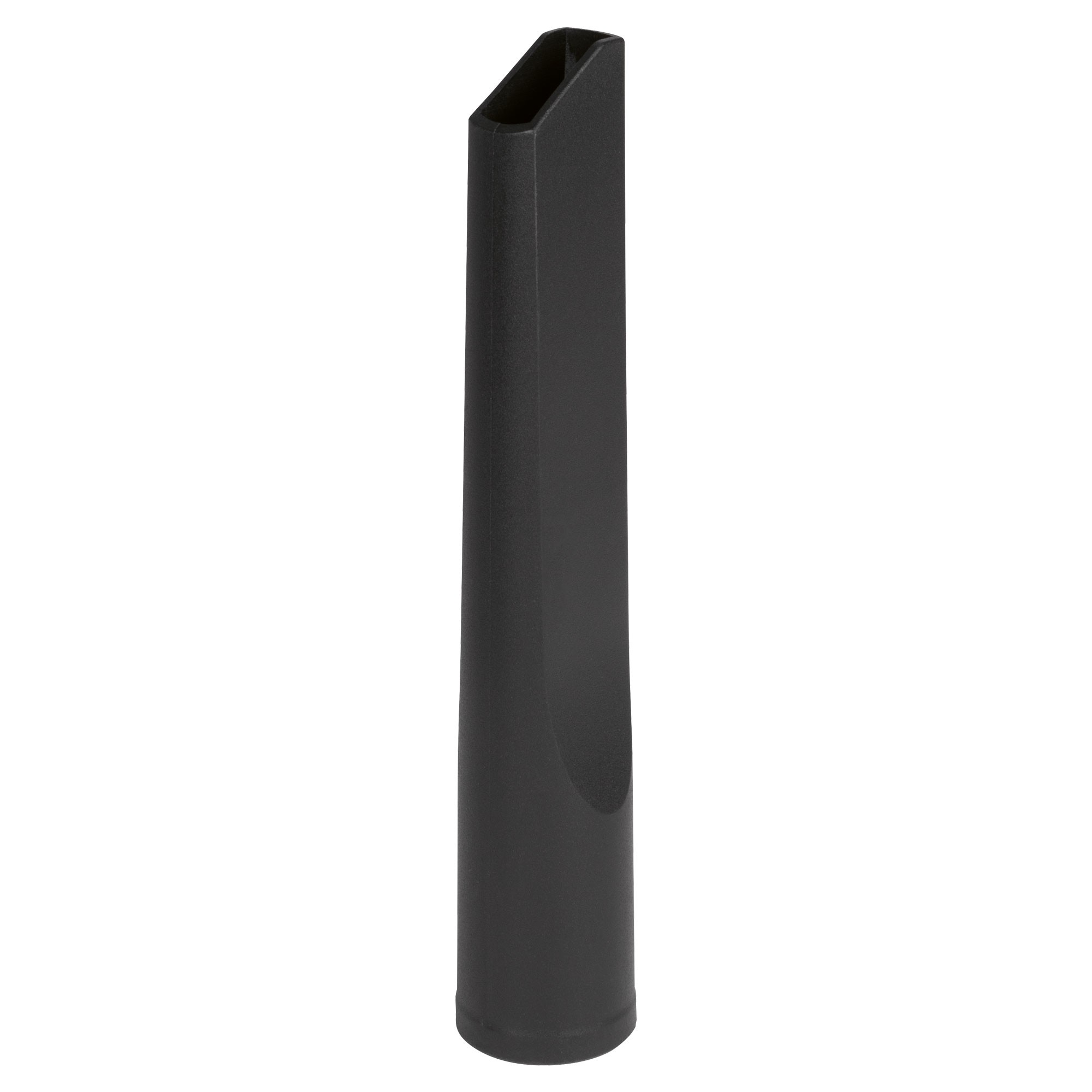 Eine schwarze Staubsaugerdüse, länglich mit rechteckiger Öffnung oben, auf weißem Hintergrund.
