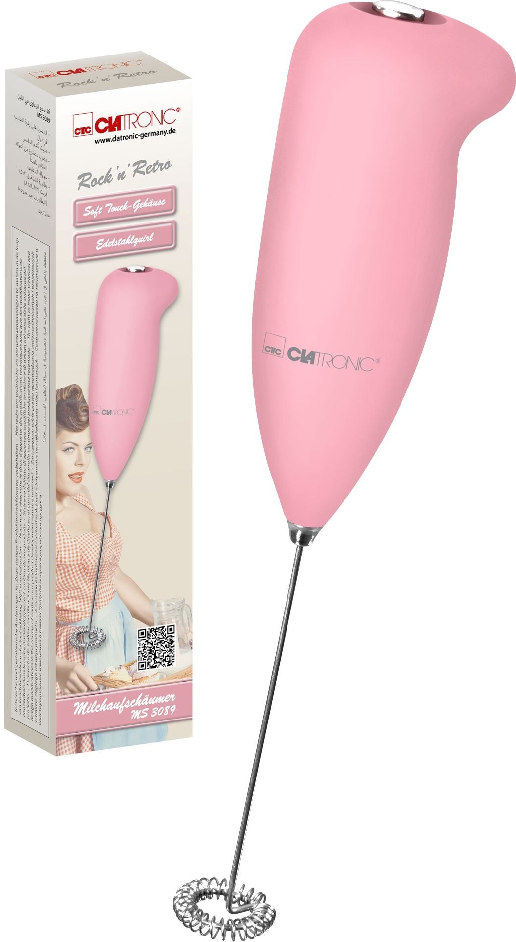 Różowy spieniacz do mleka Clatronic z pudełkiem. Pudełko ma retro design i kobietę w sukience w kratkę.