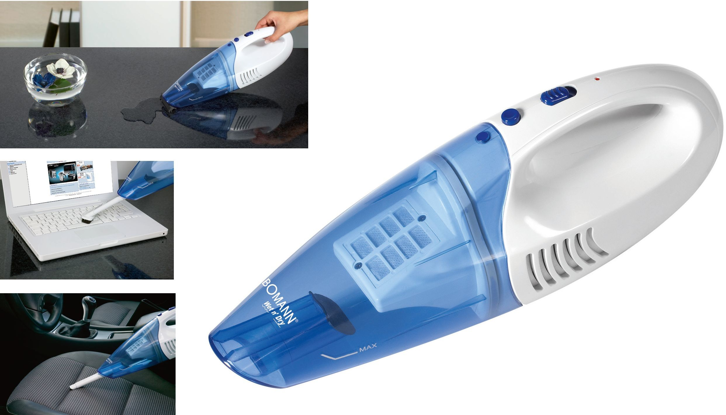 Odkurzacz ręczny, biało-niebieski, czyszczący czarną powierzchnię. Również czyszczący laptop i siedzenie samochodowe.