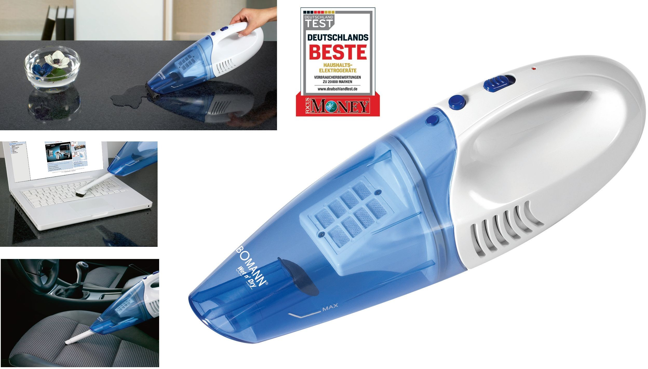 Odkurzacz ręczny na ciemnej powierzchni, ze szklaną miską i kwiatami oraz laptopem.