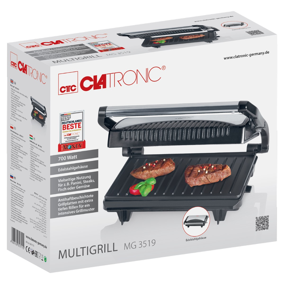 Clatronic Grillbox mit Steaks, Basilikum und roter Paprika auf dem Grill. Die Box zeigt den Grill.