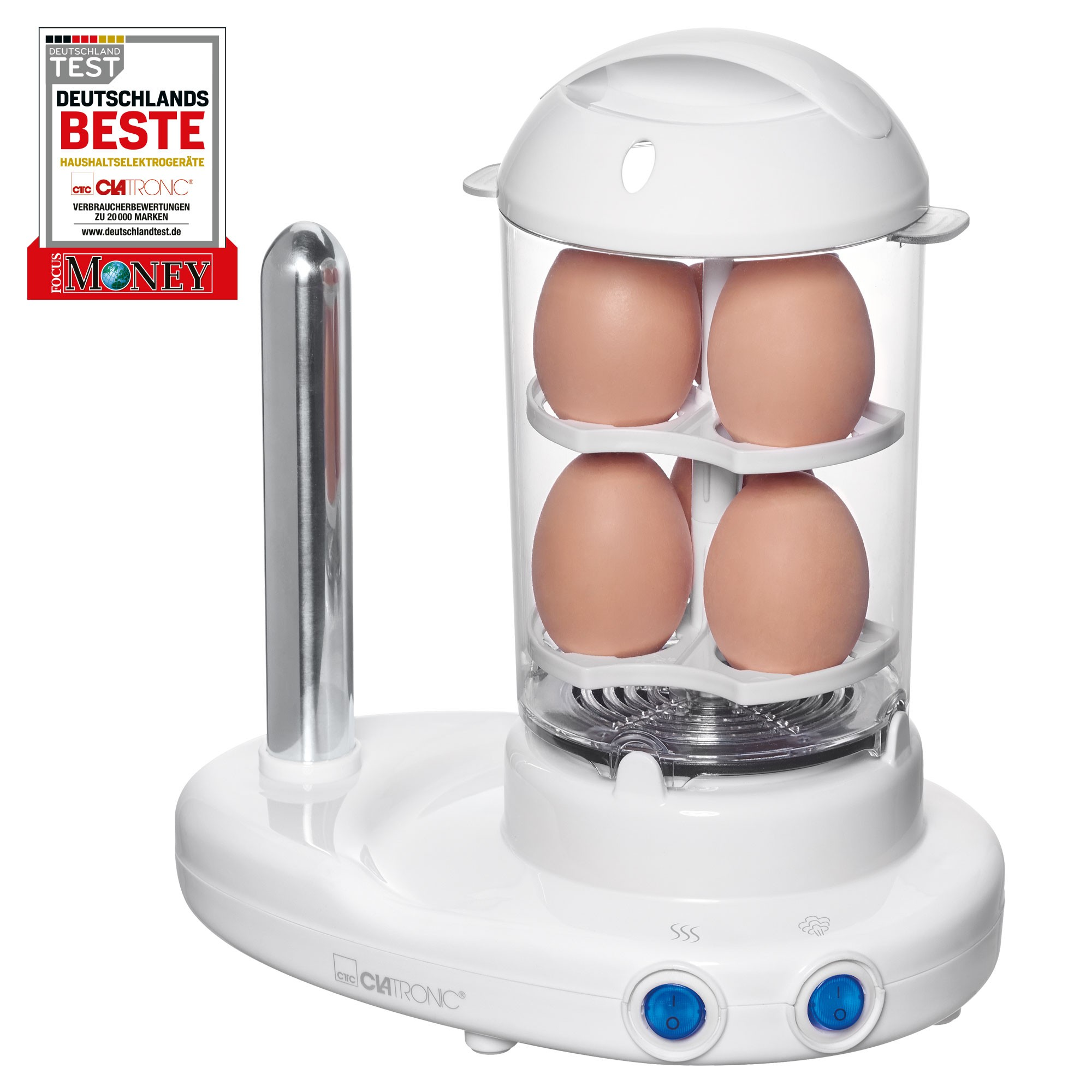 Urządzenie do gotowania jajek z czterema jajkami w środku. Ma białą podstawę i przezroczystą pokrywę. Urządzenie ma metalowy cylinder.