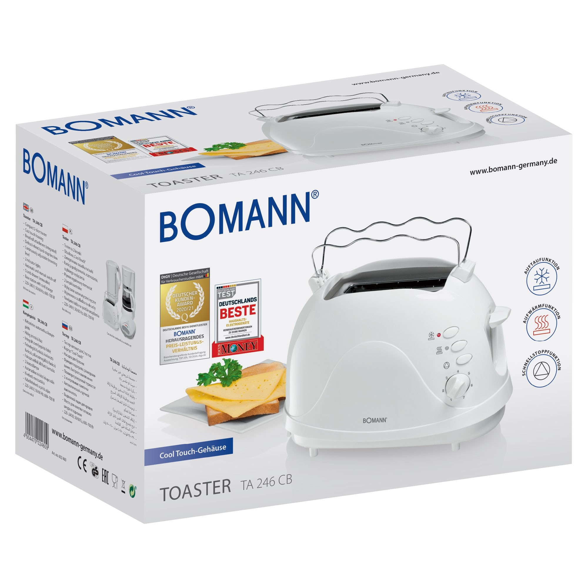 Biały toster Bomann na pudełku. Ser i chleb na pudełku. Widoczne nagrody i specyfikacje produktu.