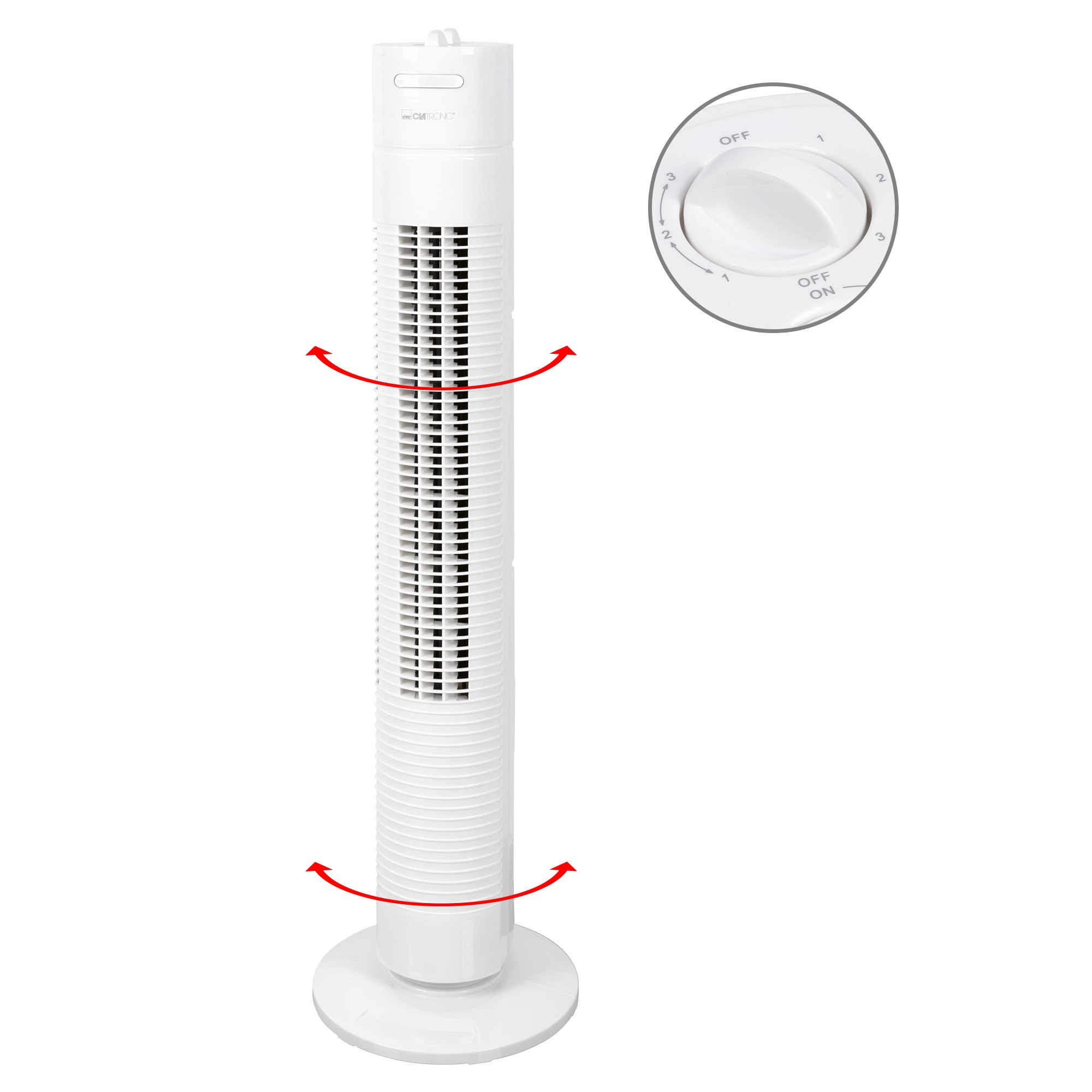 Biały oscylujący wentylator wieżowy z pokrętłem. Strzałki wskazują oscylację. Izolowane na białym tle.