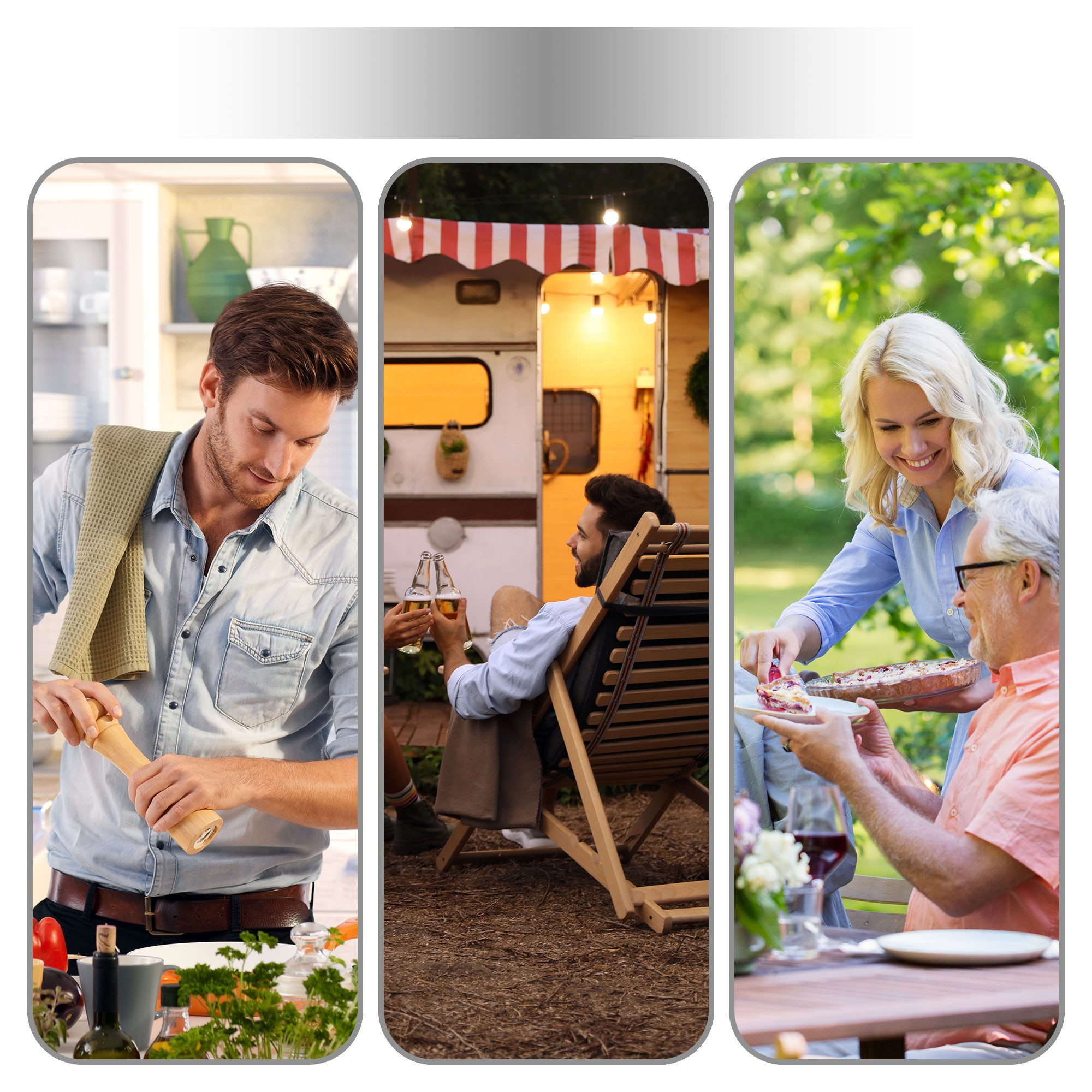Trzy panele: mężczyzna gotuje, mężczyzna z piwem przy kamperze, kobieta podaje ciasto mężczyźnie.
