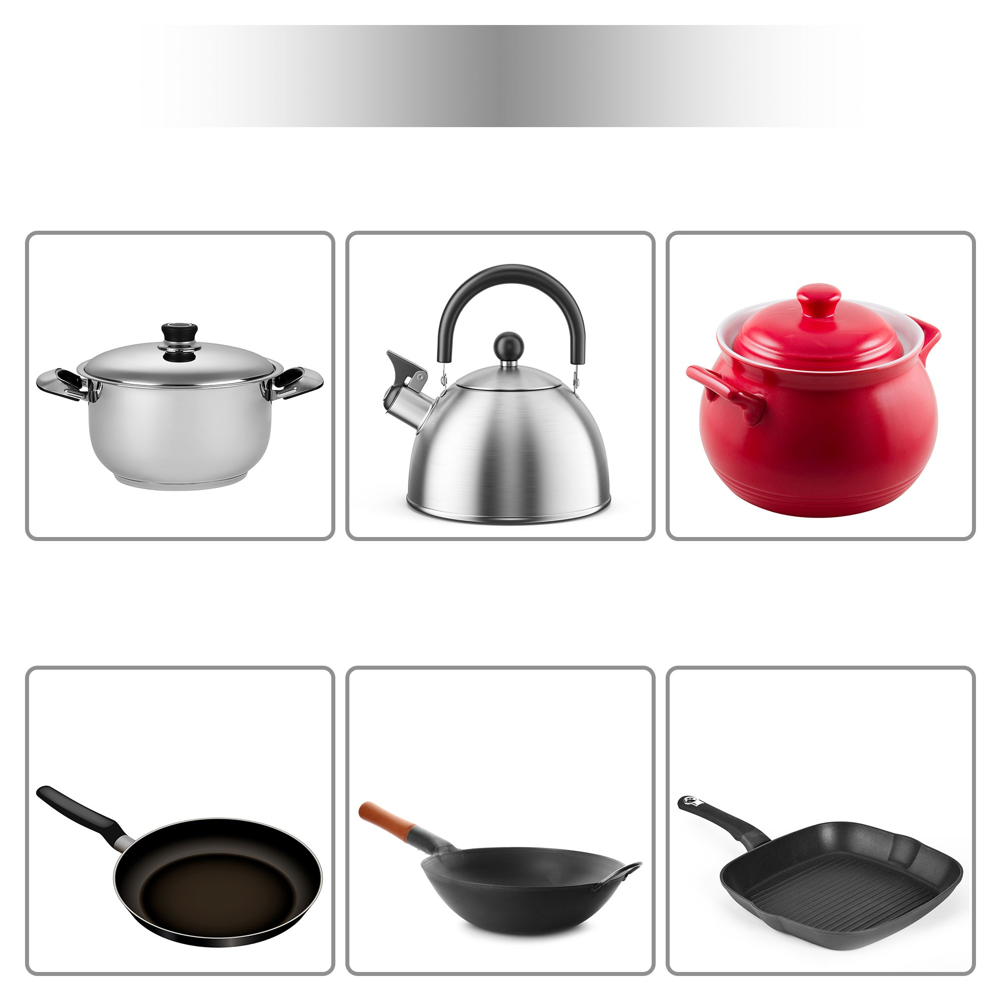 Różne garnki i patelnie, w tym garnek z pokrywką, czajnik, czerwony garnek i trzy różne patelnie.