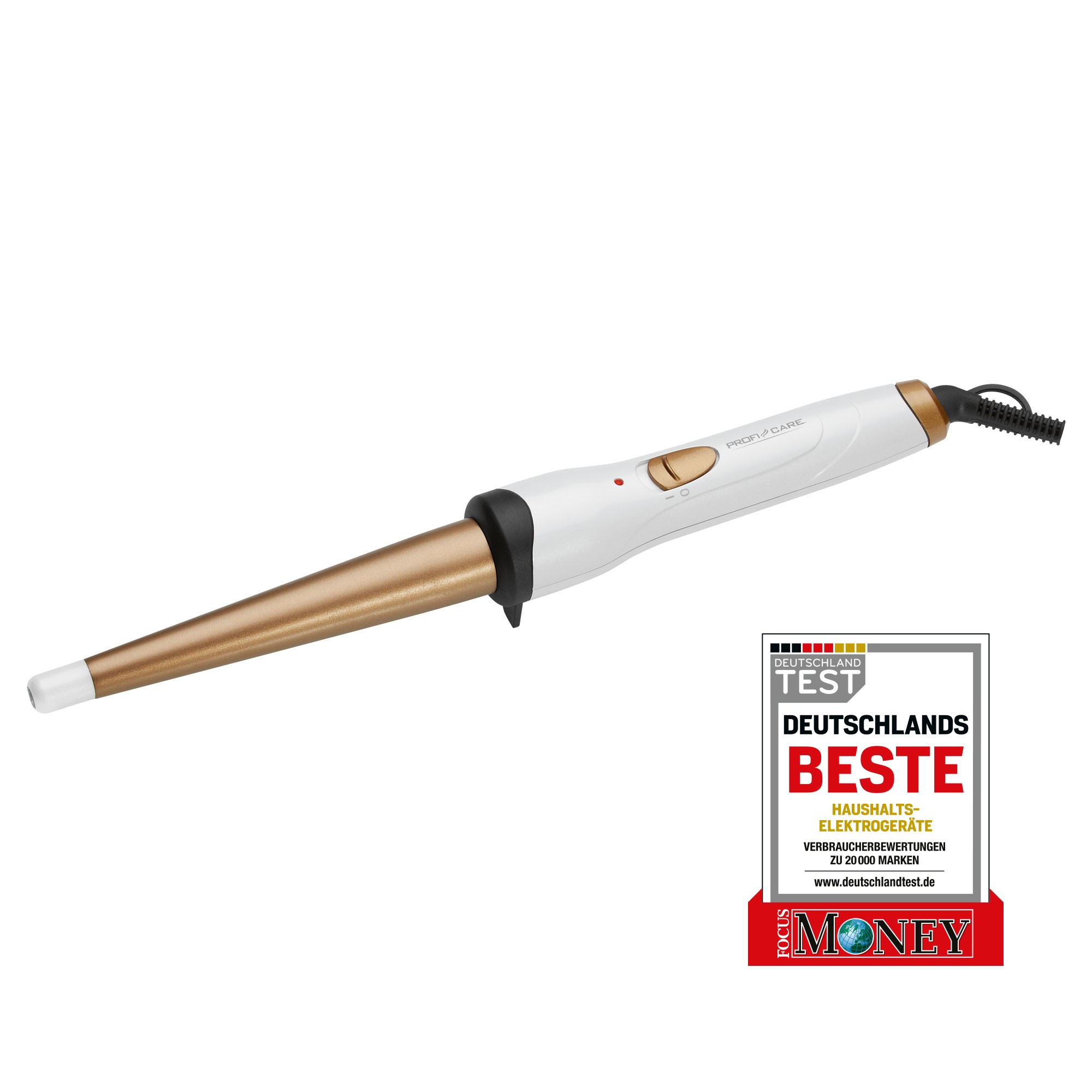 Biała i złota lokówka. Ma lufę w kształcie stożka i czarny przewód. Po prawej stronie naklejka 'Germany Test'.