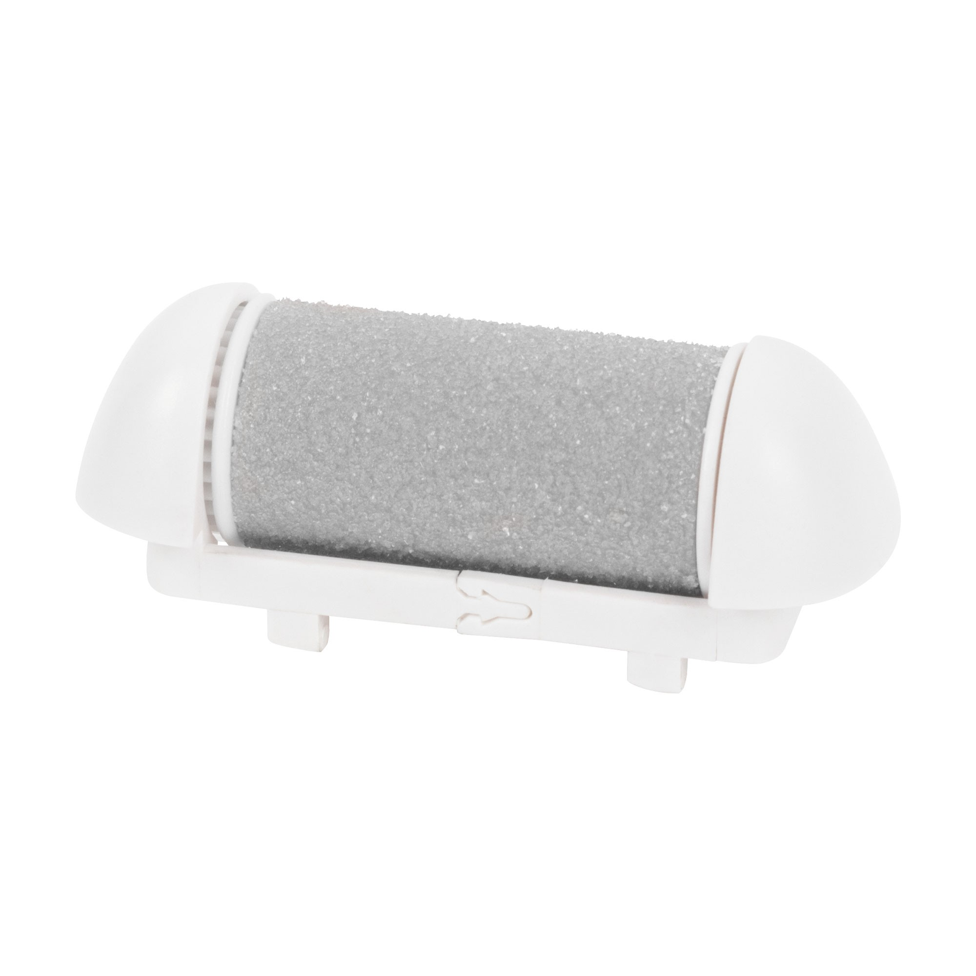 Biały pilnik do stóp z szarym wałkiem ściernym. Ma białe zaślepki i białą podstawę.