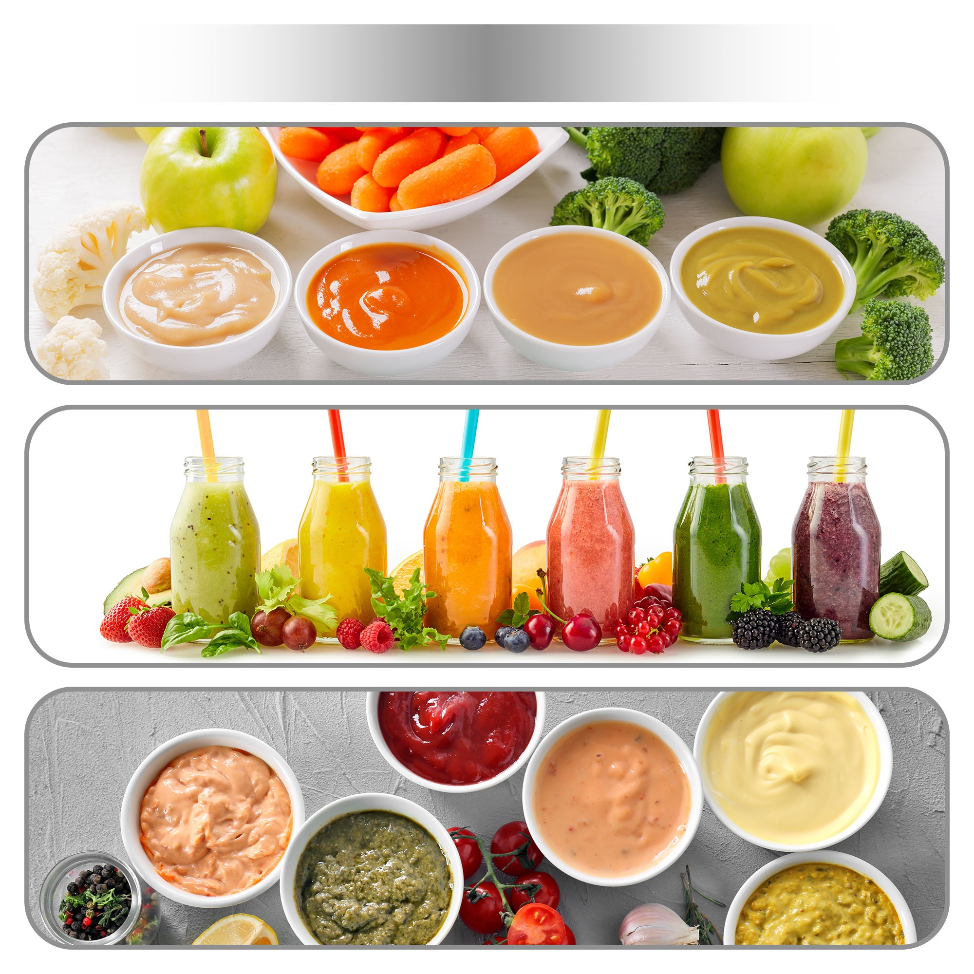 Obraz przedstawia trzy rzędy: puree z warzywami, koktajle z owocami i sosy z ziołami. Wszystko w białych miskach.