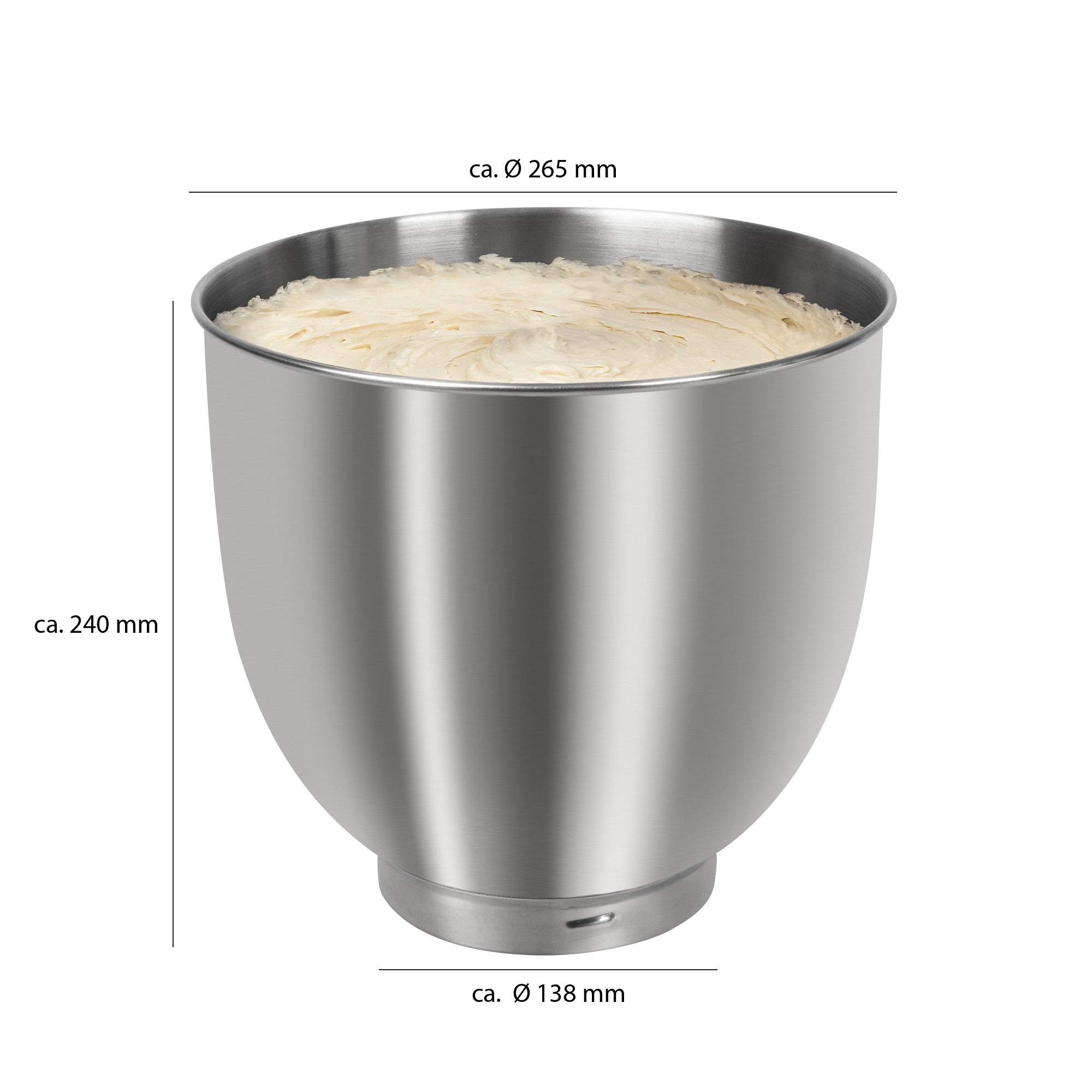 Miska ze stali nierdzewnej wypełniona jasną masą. Wymiary podano w milimetrach.