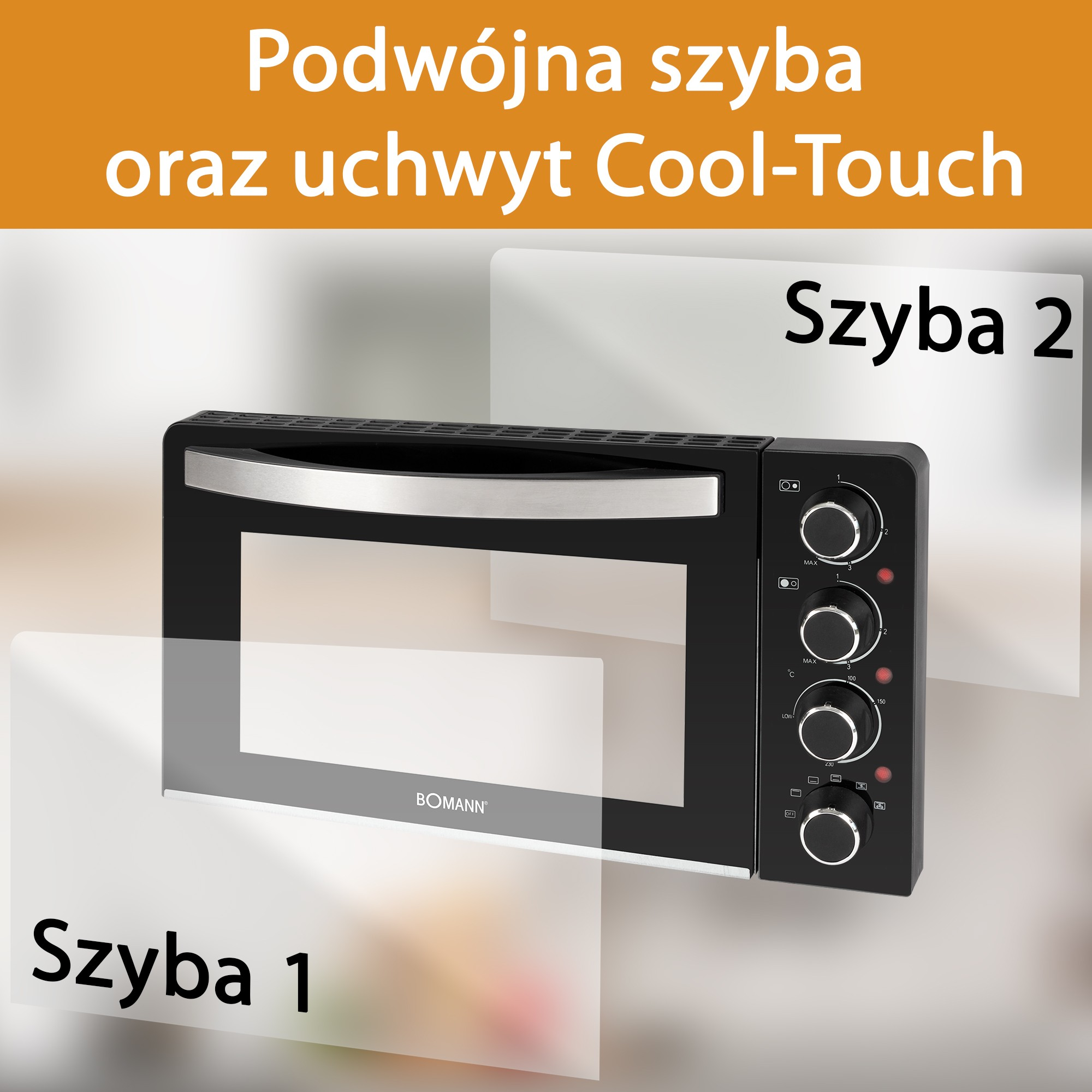Czarny piekarnik ze szklanymi drzwiami, pokrętłami i uchwytem. Tekst brzmi 'Podwójna szyba' i 'Uchwyt Cool-Touch'.