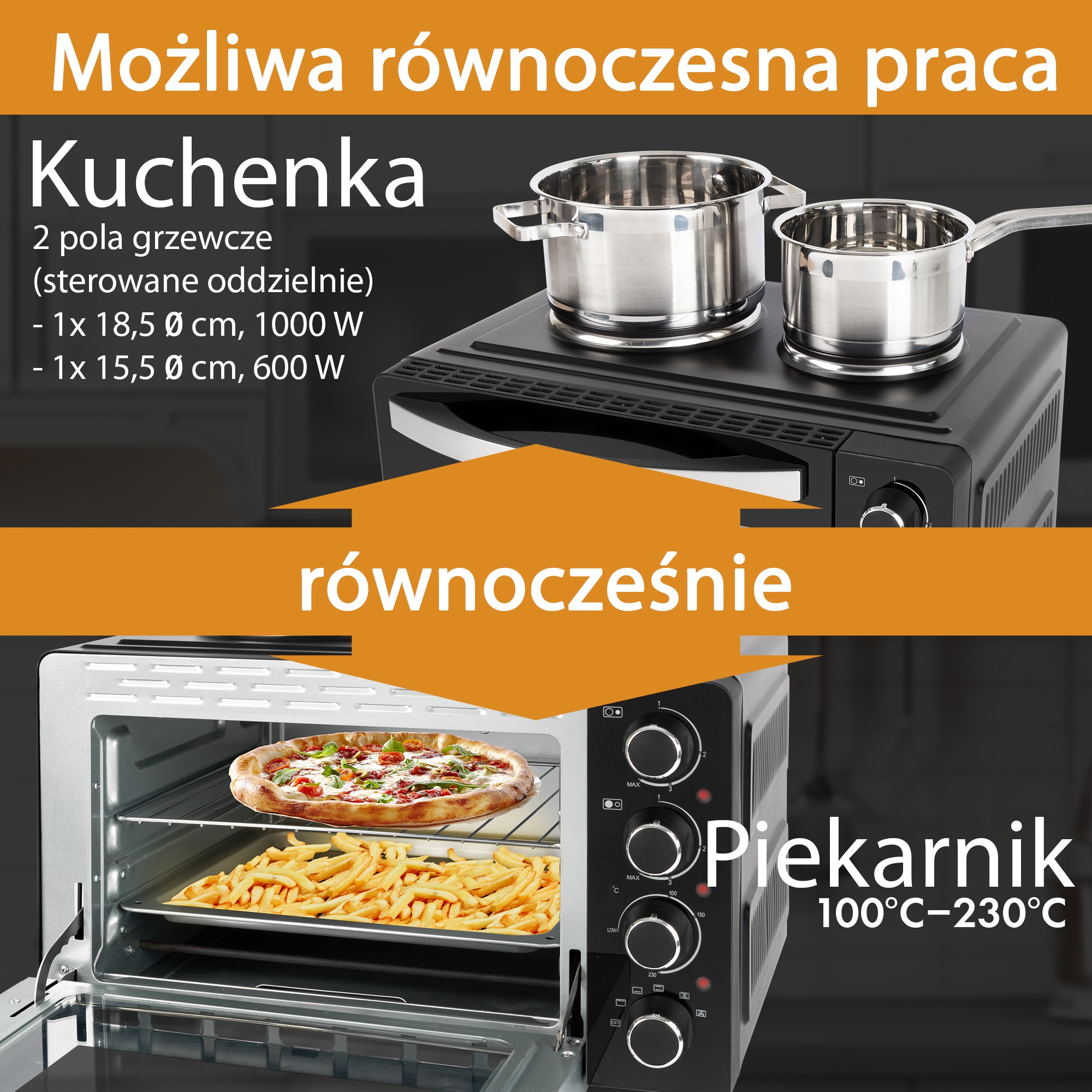 Piekarnik z pizzą i frytkami oraz kuchenka z dwoma garnkami. Tekst po polsku o jednoczesnym gotowaniu.
