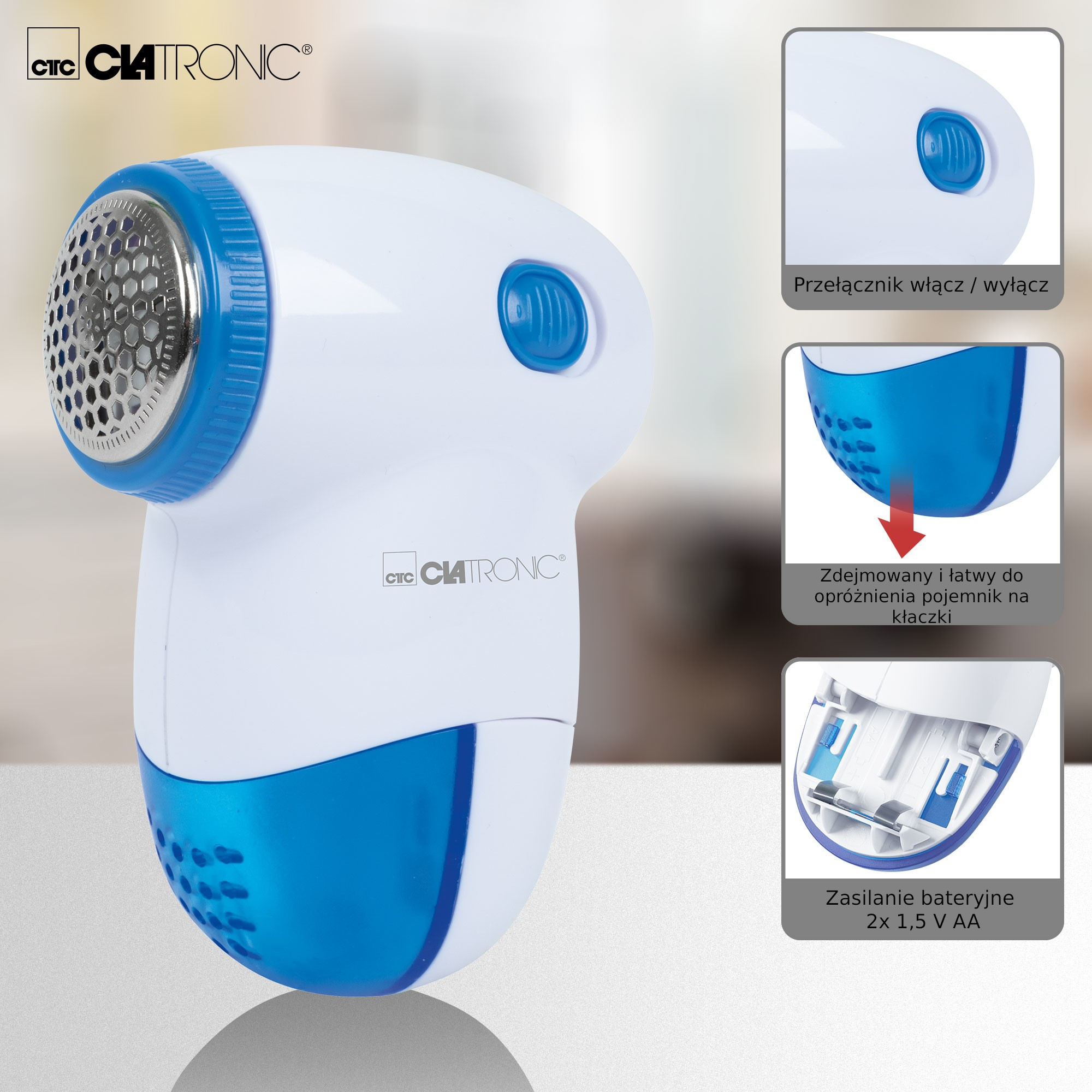 Biało-niebieska golarka do tkanin. Cechy: włącznik/wyłącznik, wyjmowany pojemnik na kłaczki i komora baterii.