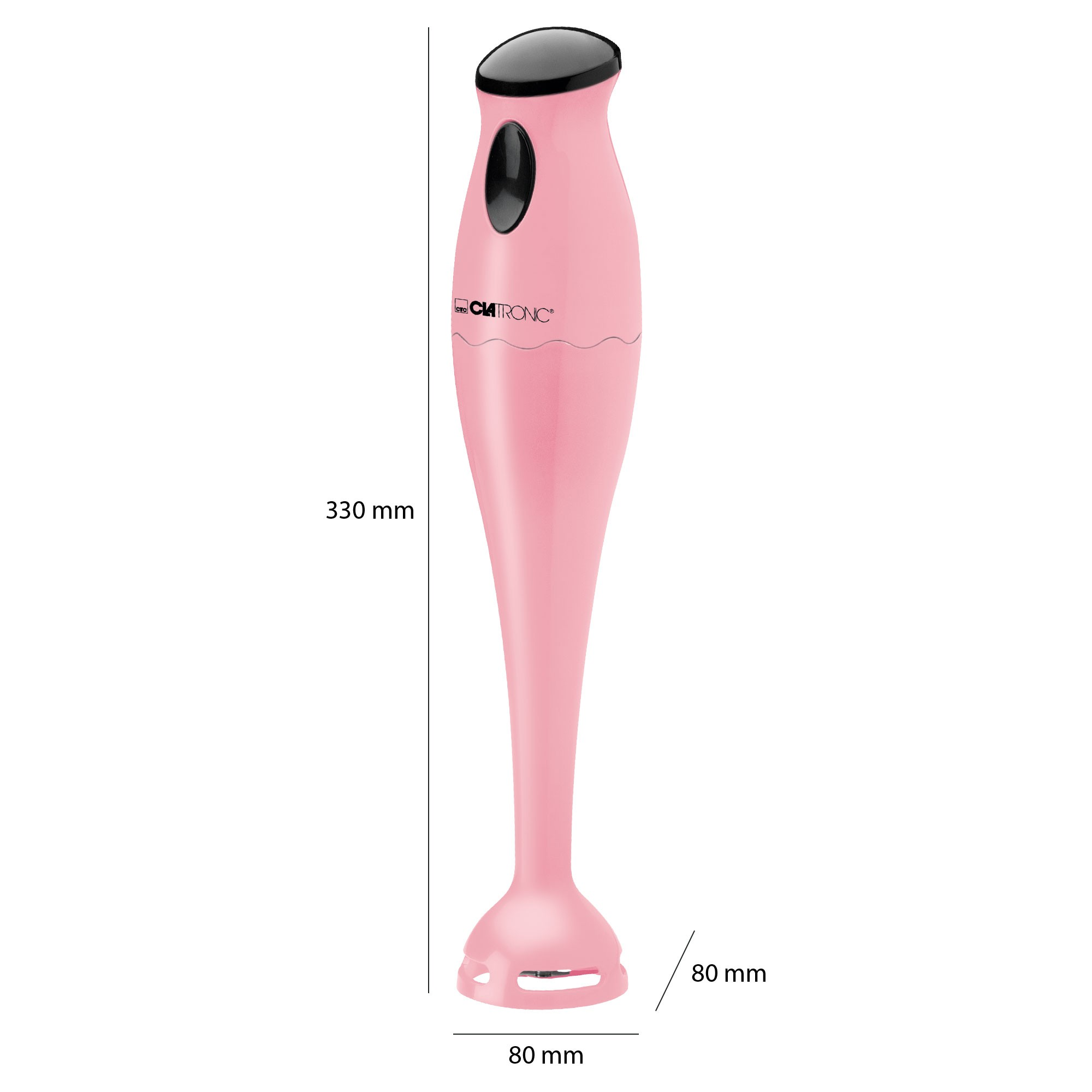 Różowy blender ręczny z czarnymi akcentami. Wymiary: 330 mm wysokości i 80 mm szerokości.