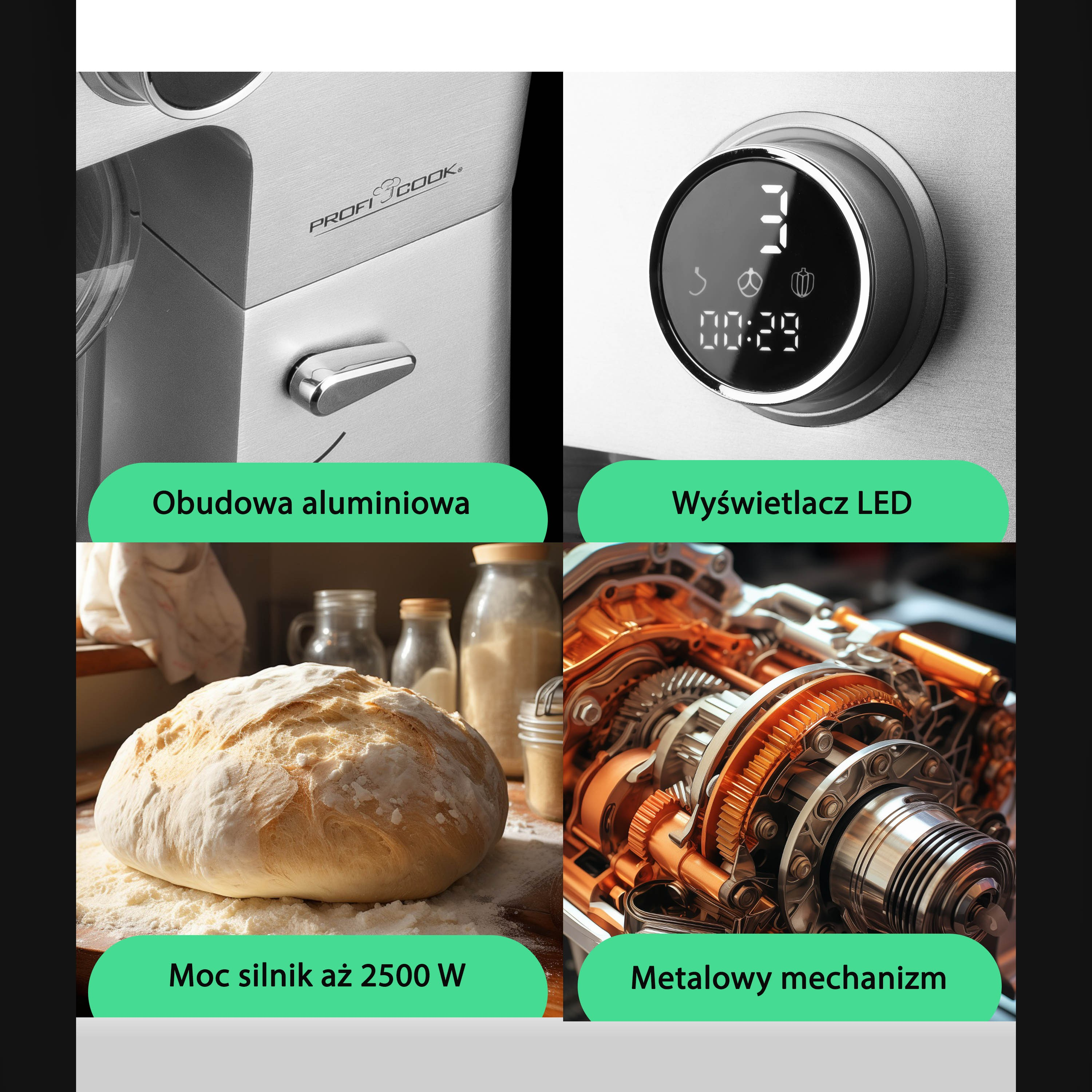 Obraz przedstawia części urządzenia kuchennego, wyświetlacz cyfrowy, ciasto i mechanizm metalowy.