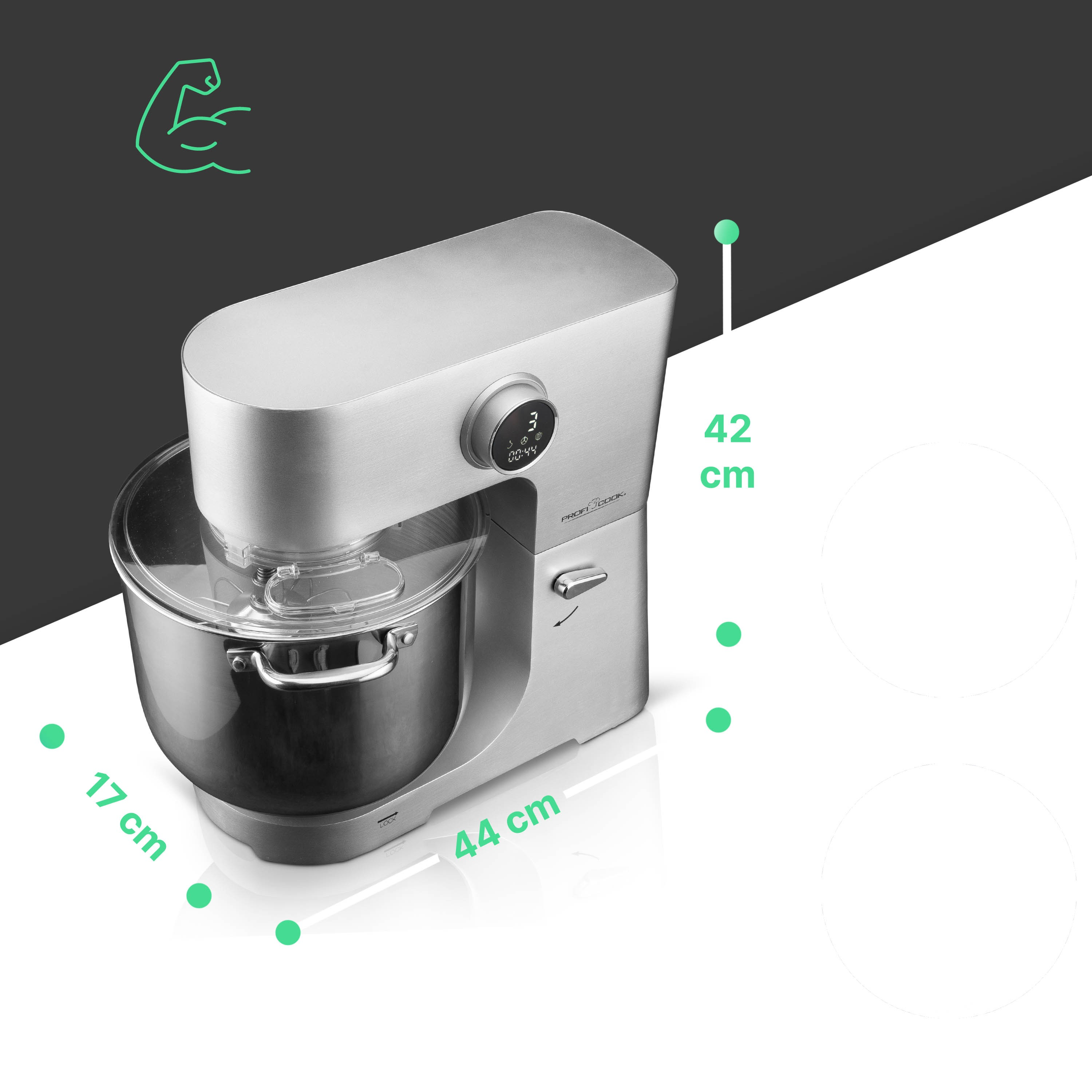 Srebrny mikser stojący z misą, z wymiarami. Czarno-białe tło.