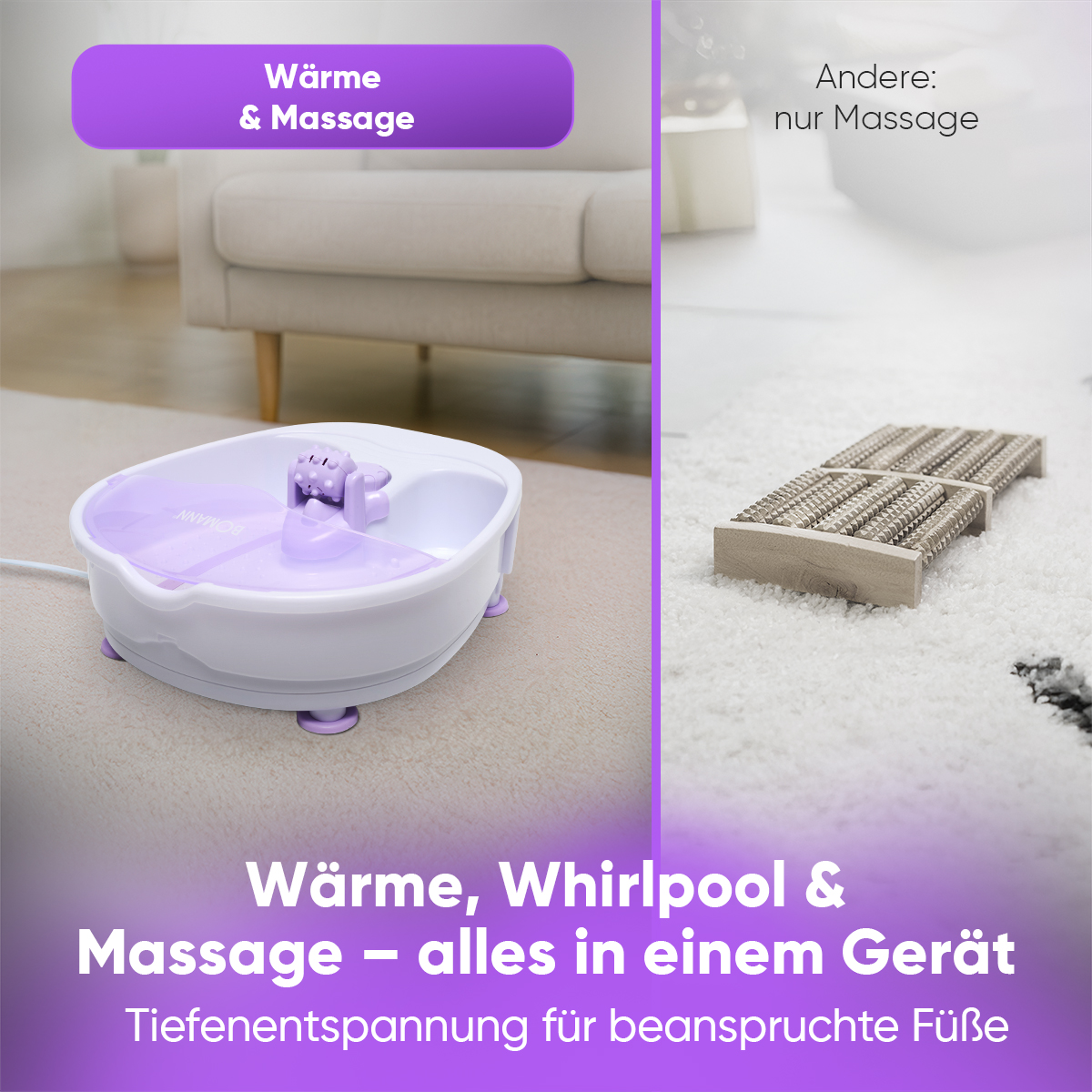 Biała wanna do stóp z fioletowymi akcentami, narzędzie do masażu stóp i niemiecki tekst promujący ciepło, hydromasaż i masaż.
