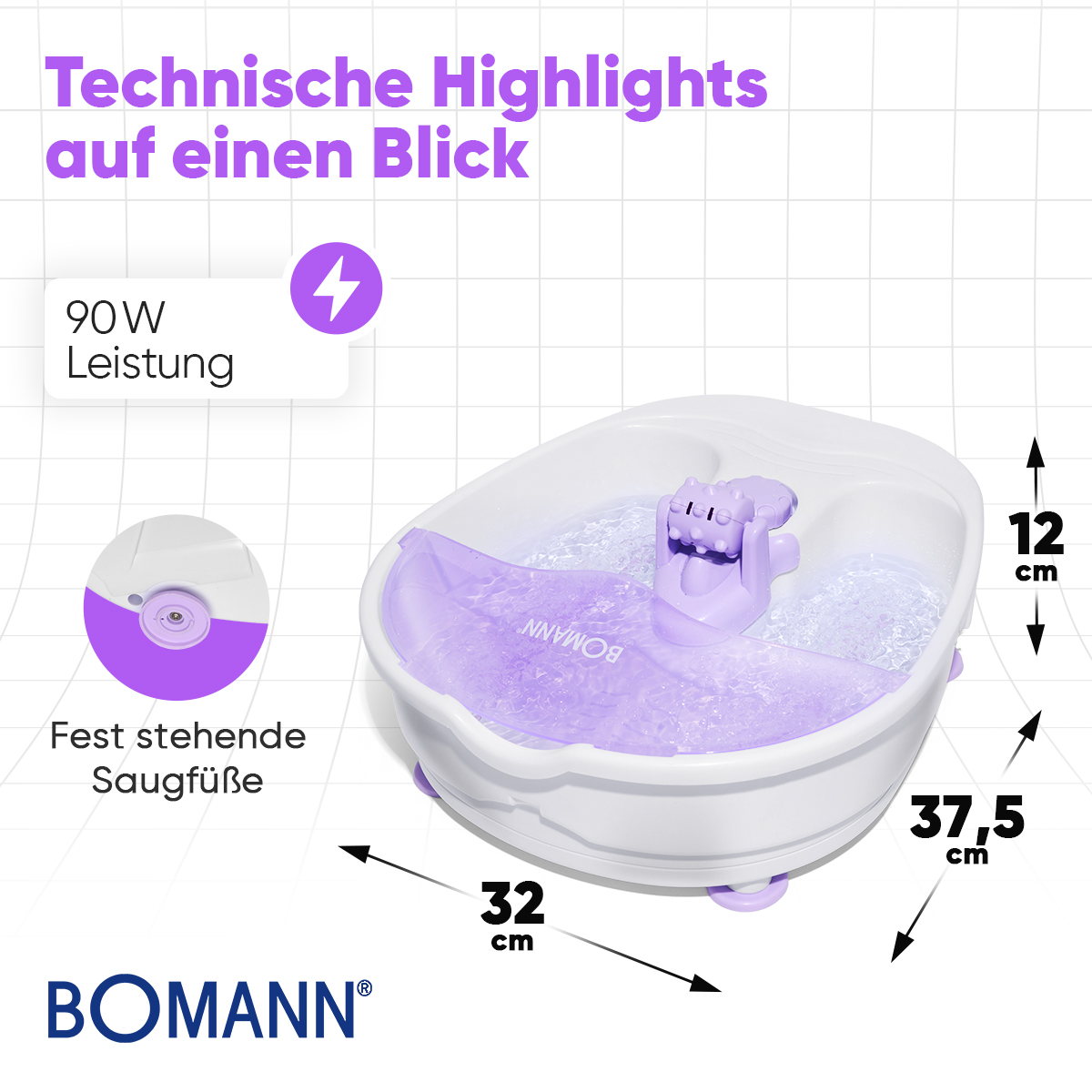Białe spa do stóp z fioletowymi akcentami. Ma oznaczone wymiary, wskaźnik mocy i markę BOMANN.