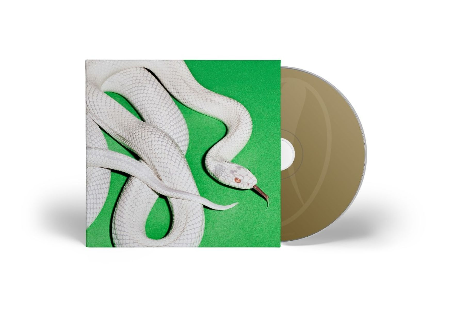 Un astuccio per CD con un serpente bianco su sfondo verde. Un CD dorato è a destra. Il serpente ha la lingua di fuori.