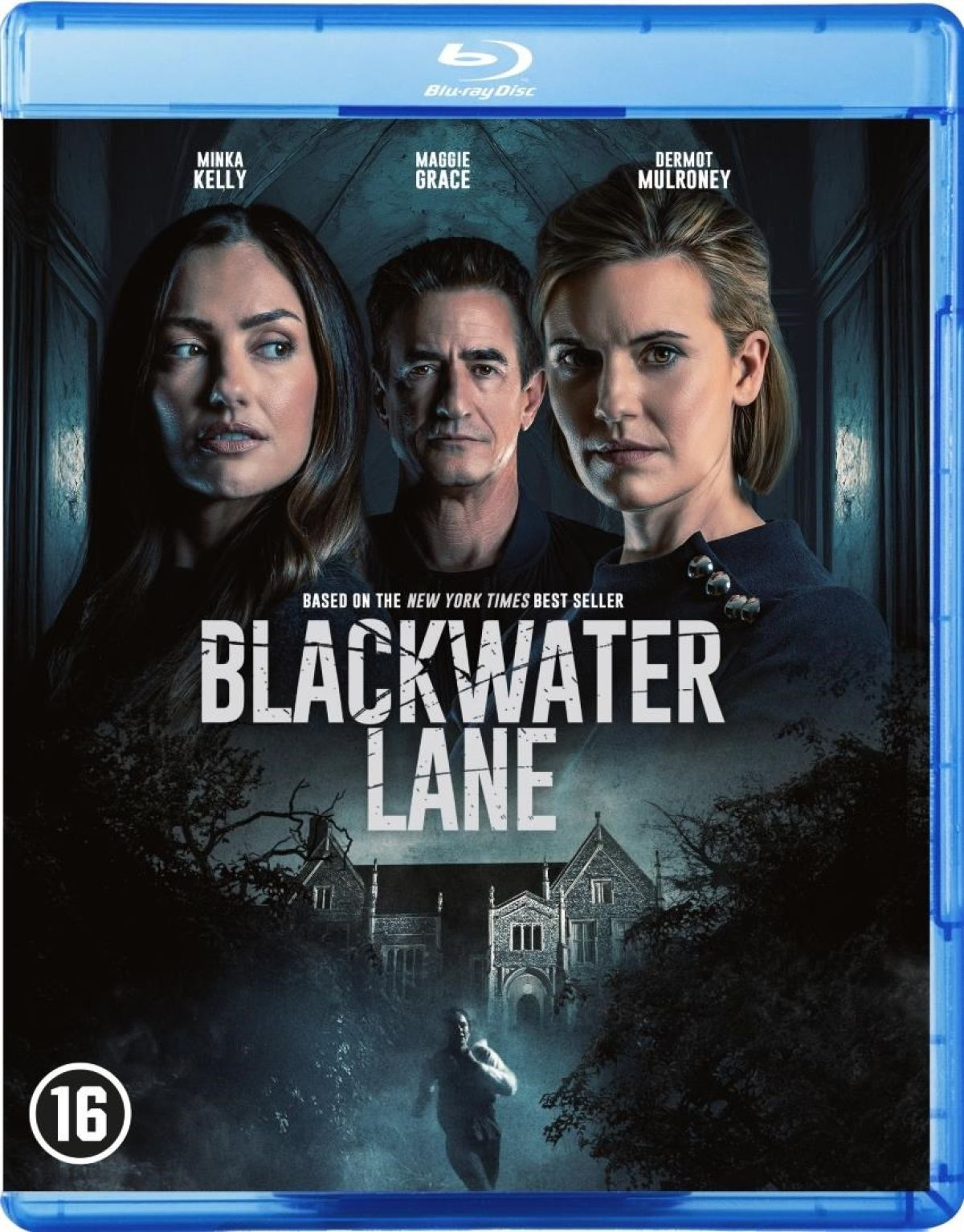 Blu-ray cover met drie personen, titel 'Blackwater Lane' en een rennende persoon. Blu-ray Disc logo en leeftijdsclassificatie aanwezig.