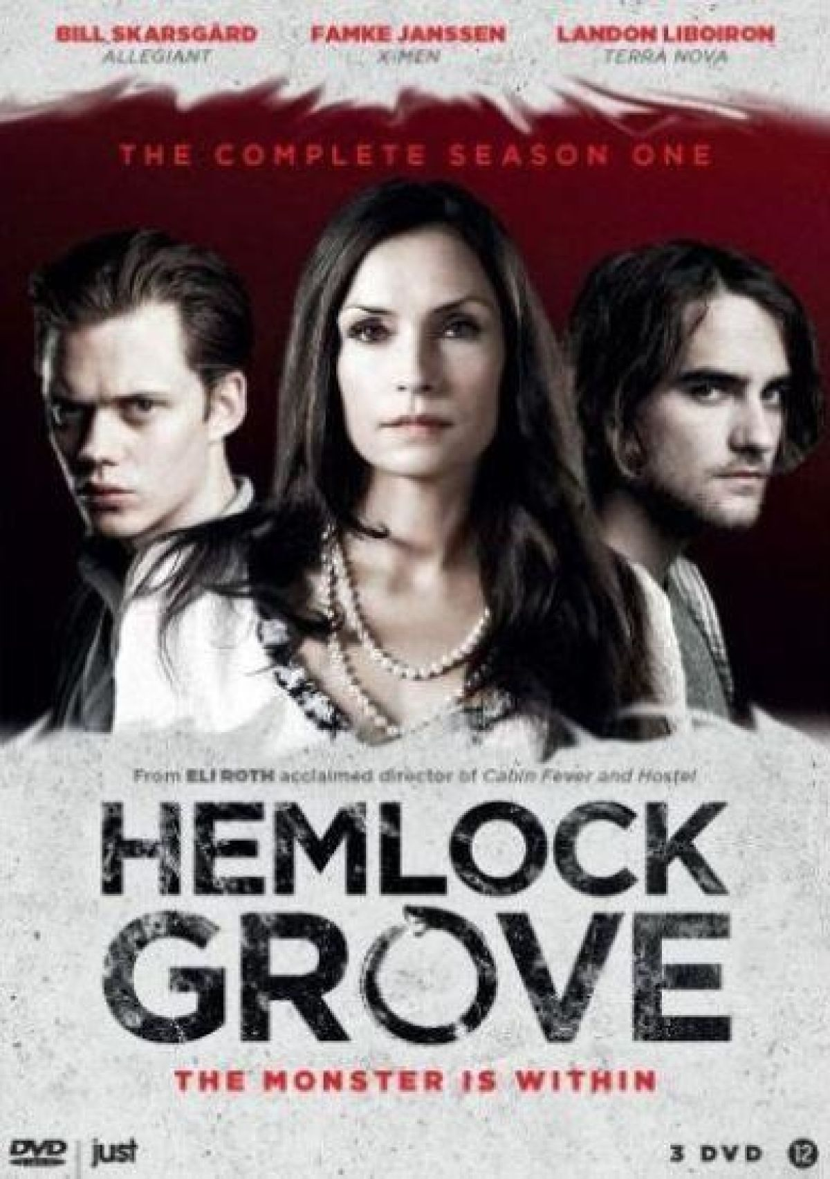 DVD-hoes voor Hemlock Grove. Er zijn drie acteurs te zien. De titel van de show staat prominent in beeld met de slogan 'The Monster Is Within'.