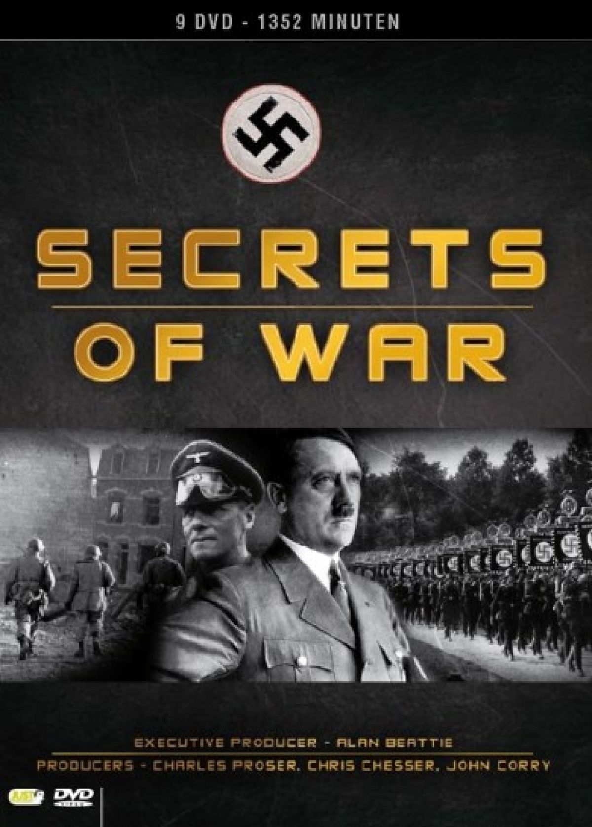 DVD-hoes: 'Secrets of War'. Hitler, soldaten en een hakenkruis. Titel in goud, zwarte/grijze achtergrond.