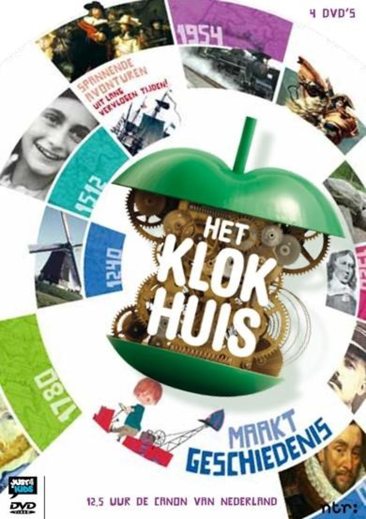 Een dvd-hoes met een appelvormige klok, afbeeldingen van mensen, een windmolen en tekst: Het Klokhuis. Er staat 'Maakt Geschiedenis'.