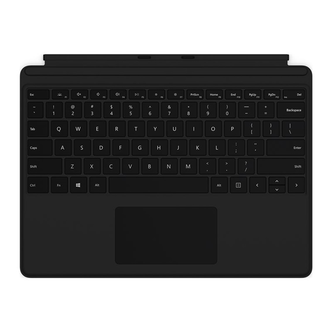Teclado negro de portátil con teclas, incluyendo letras, números y teclas de función, con un trackpad debajo.